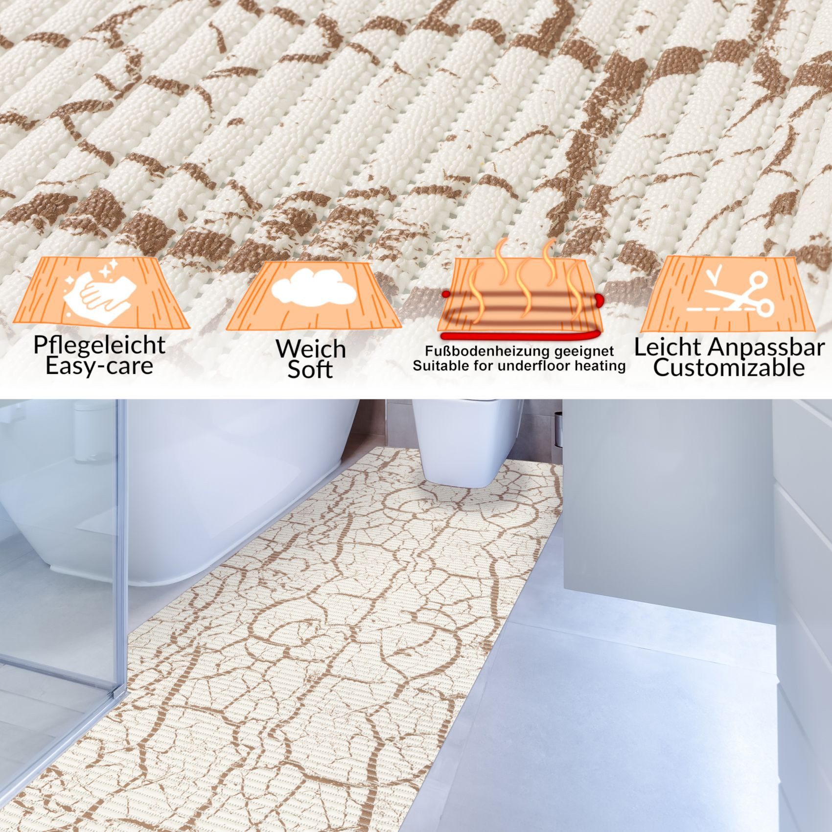 ANRO Schaum-Badematte Antirutschmatte Weichschaummatte Badezimmer Premium, Höhe 5 mm, wasserdurchlässig, pflegeleicht, Rillen, rutschhemmend, Drainage Effekt, strapazierfähig, schnell trocknend, Praktisch, Weich, Rutschhemmend, mit Drainagelöchern, fußbodenheizungsgeeignet, PVC, Eckig, Badteppich Weichschaum 100x65cm Marmor Beige-Weiß