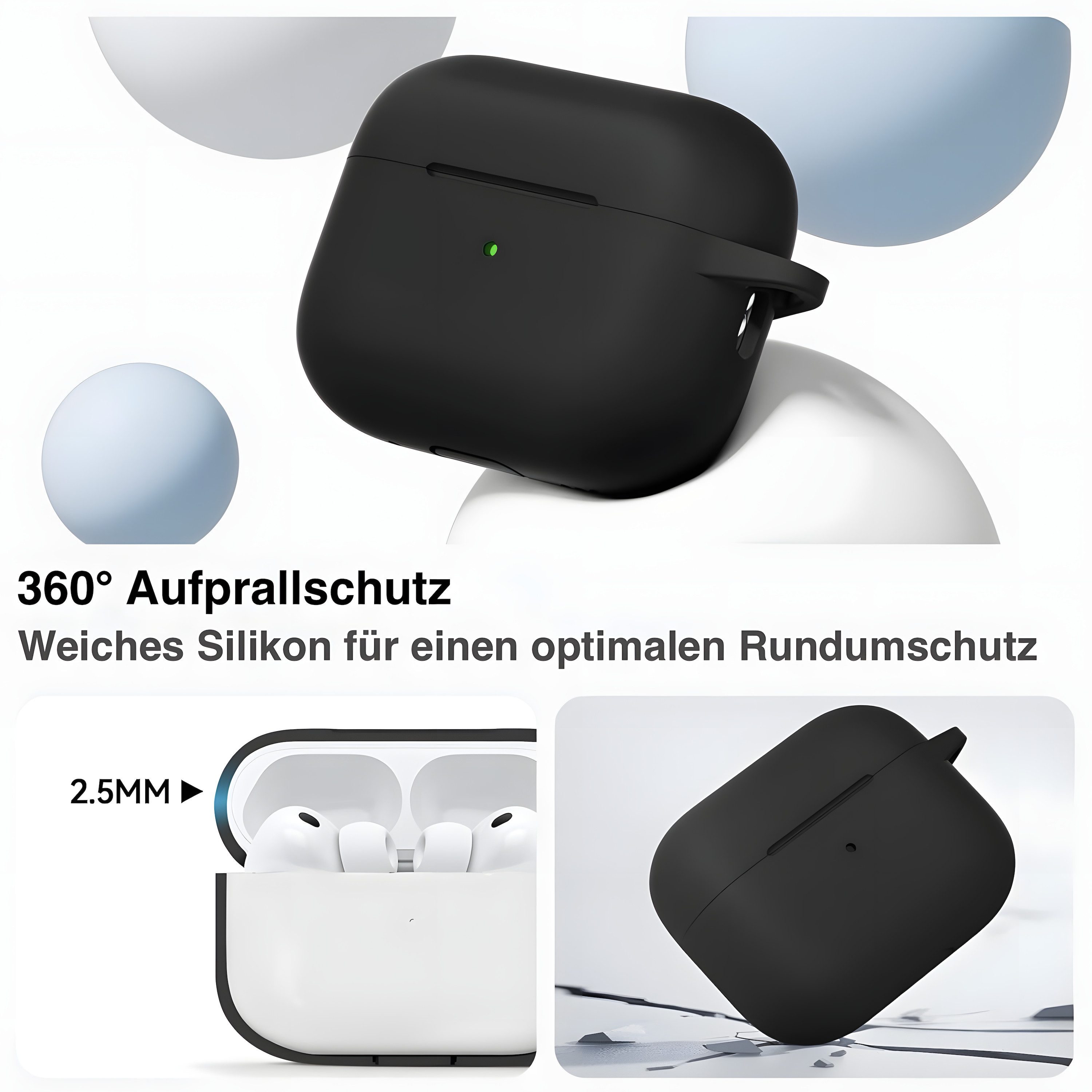 AVANA Kopfhörer-Schutzhülle Hülle für Apple AirPods Pro 3 (2025) Schutzhülle Silikon 360° Case, Cover, Slim Fit, 3. Generation, Reinigungsset, Schwarz