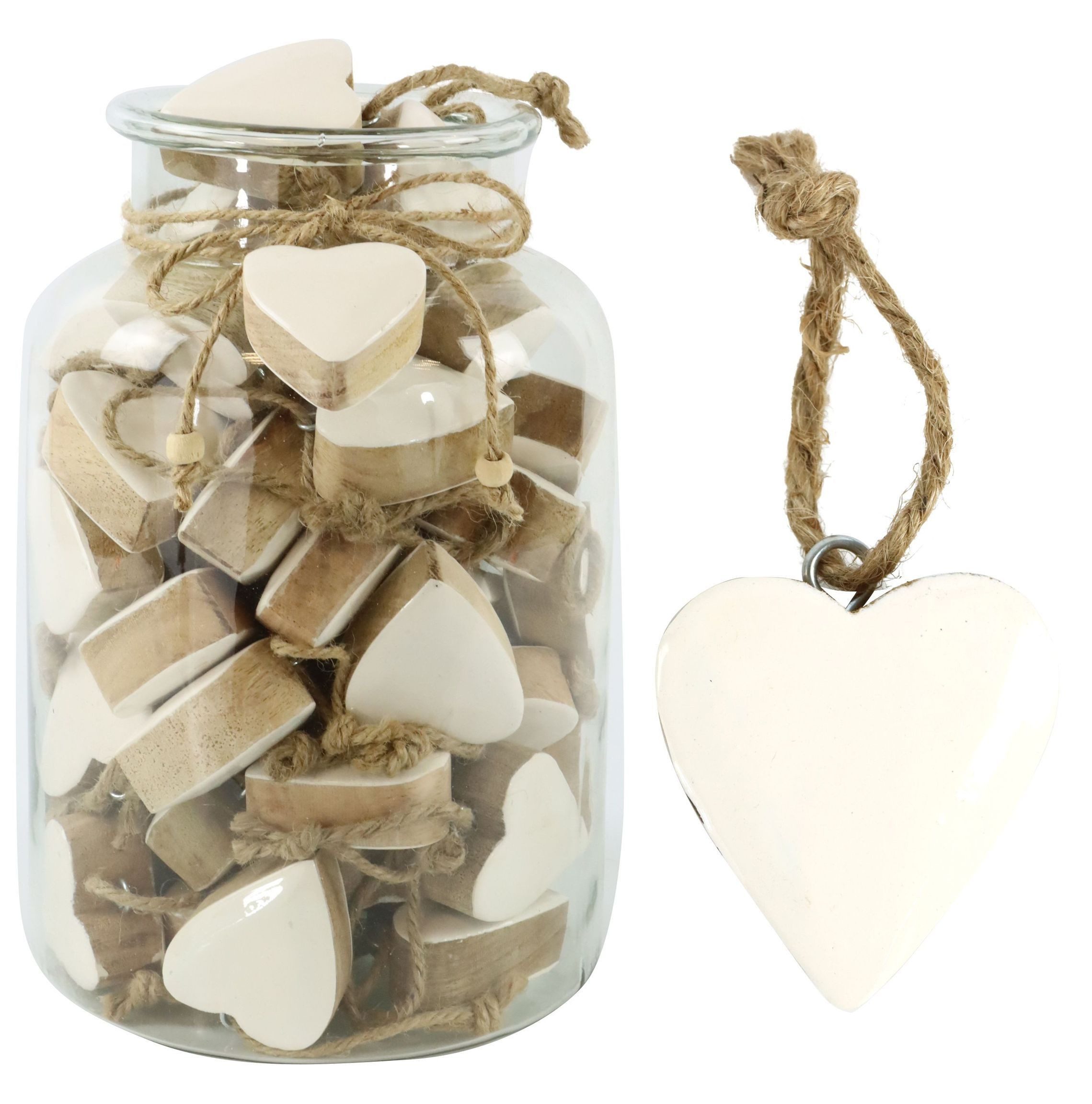 FURNARO Dekohänger (61-tlg), Glas mit Herzhängern in weiß, aus Mangoholz mit Juteband, Handbemalt