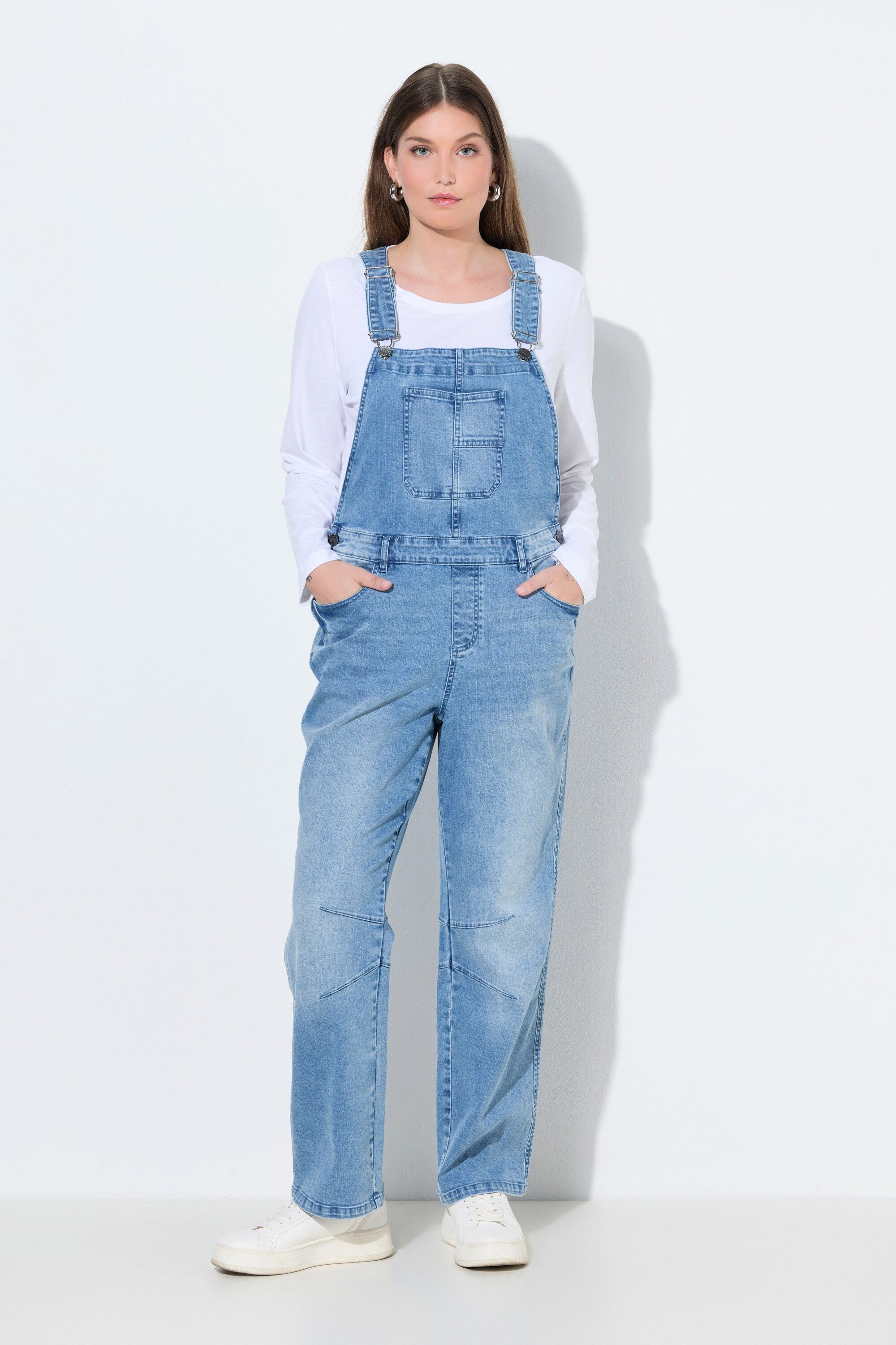 Ulla Popken Funktionshose Jeans-Latzhose Träger verstellbar seitliche Knöpfe