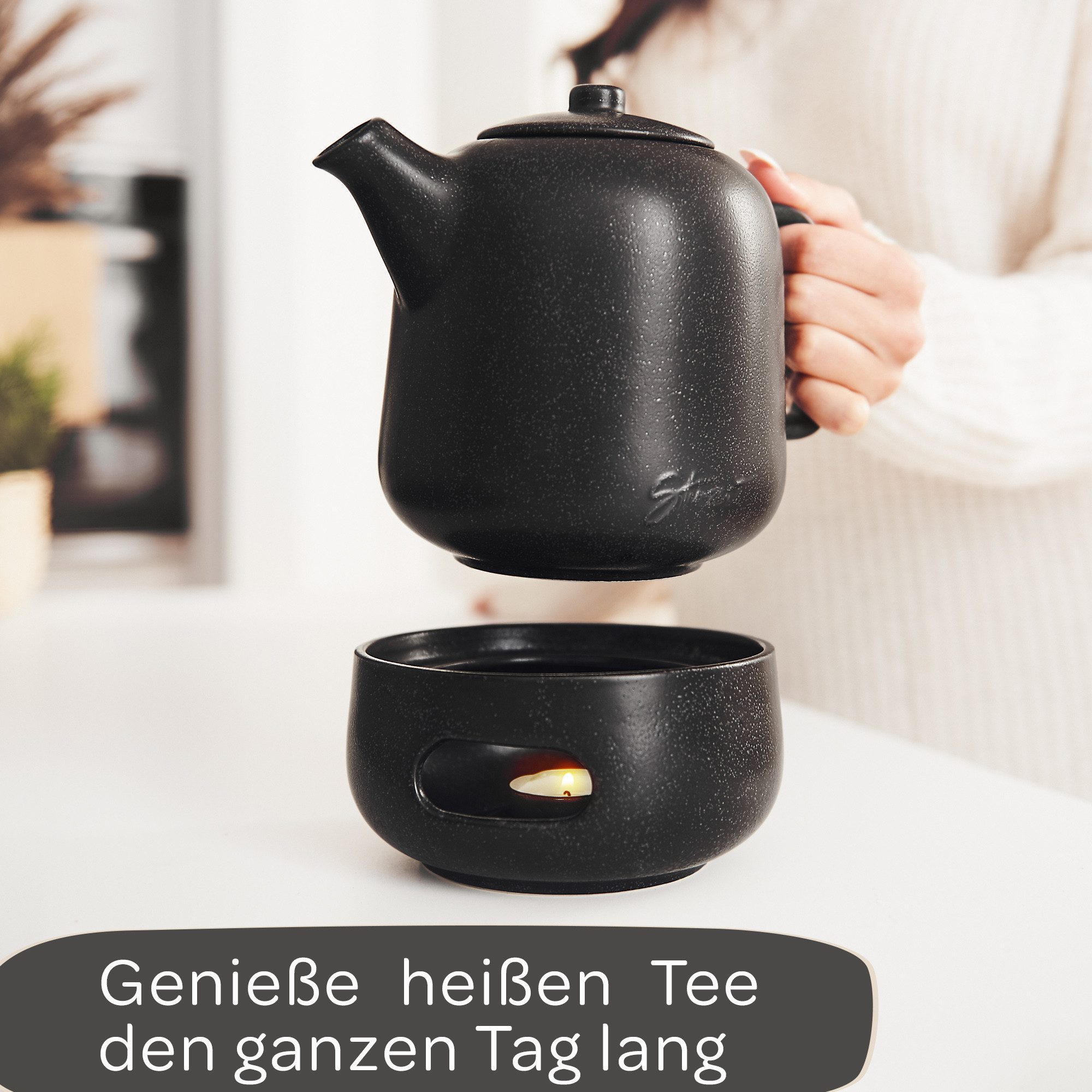 Steinzeit Teekanne (1,3L) mit Siebeinsatz aus rostfreiem 304 Edelstahl - Teekanne Keramik, (2-St), mit Stövchen erhältlich