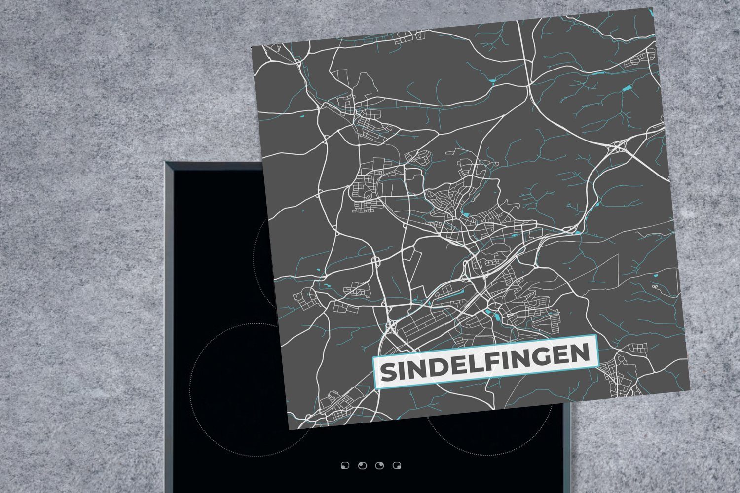 küche Herdblende-/Abdeckplatte Deutschland, 78x78 - cm, Vinyl, Blau Karte MuchoWow für Sindelfingen - Ceranfeldabdeckung, Stadtplan tlg), - - Arbeitsplatte (1