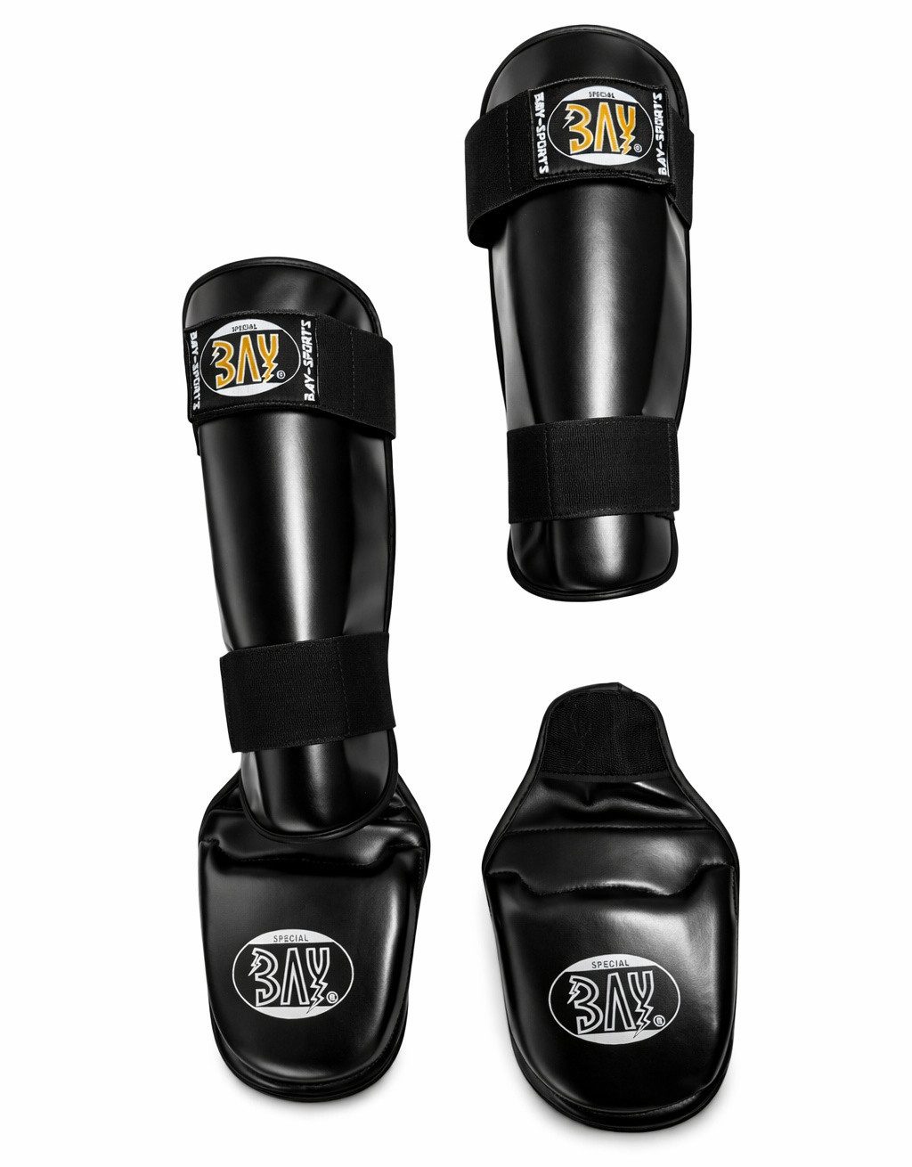 BAY-Sports Schienbeinschutz Spann-Schienbeinschoner Kampfsport Kickboxen Karate Thaiboxen Two Part (Paar, Paar), Kunstleder, feucht abwischbar, Spann abtrennbar, XS - XL