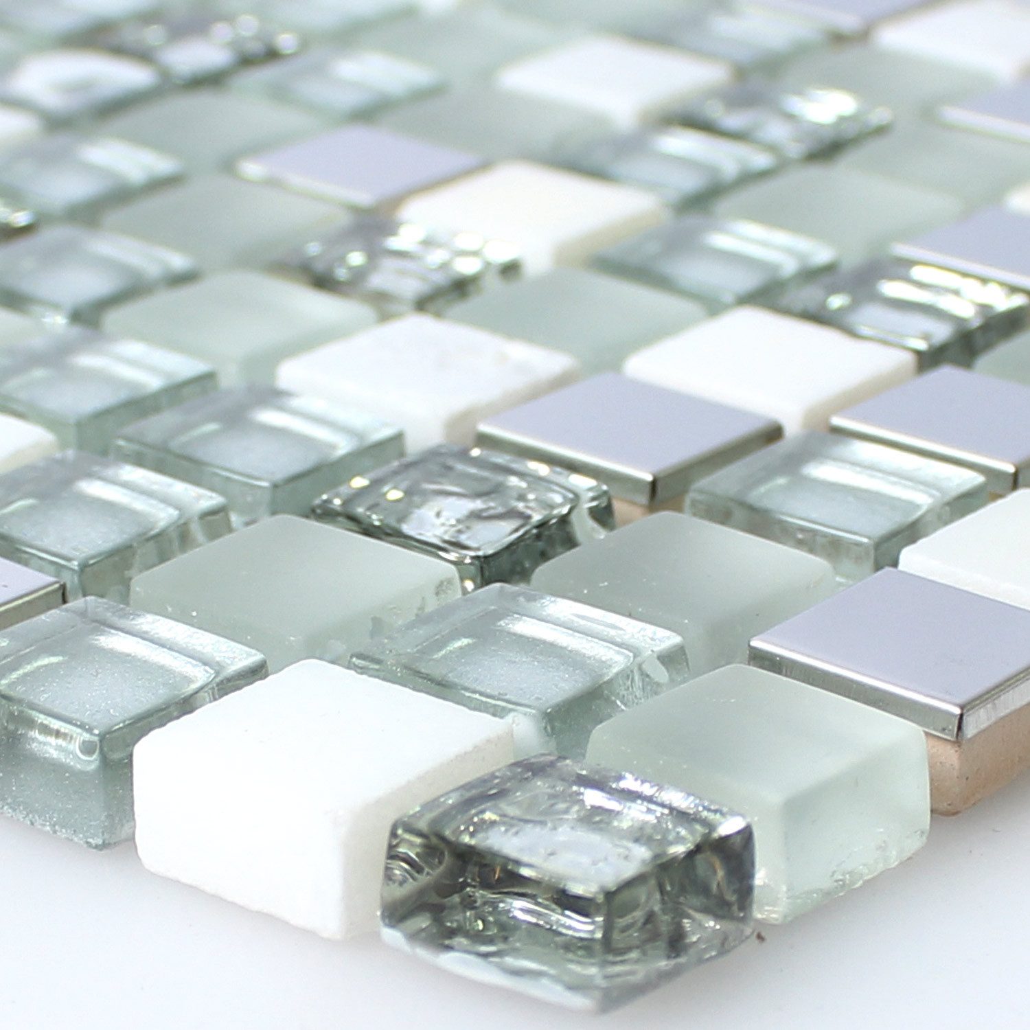 Mosafil Mosaikfliesen Glas Edelstahl Naturstein Mosaik Fliesen Weiss Silber, Naturstein-Glas-Material Mix-Metall-Marmor-Edelstahl 30.000x30.000, weiß-silber