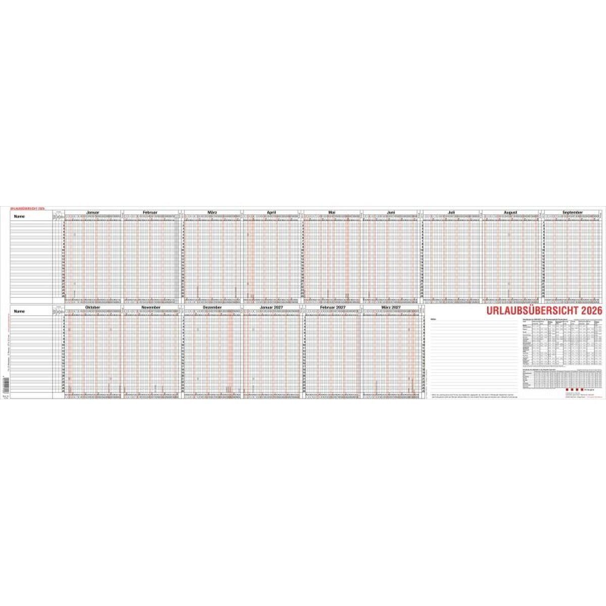 GÜSS Kalender Jahresplaner Urlaubsübersicht 100x35cm für 25 Mitarbeiter zum Abheften 2026