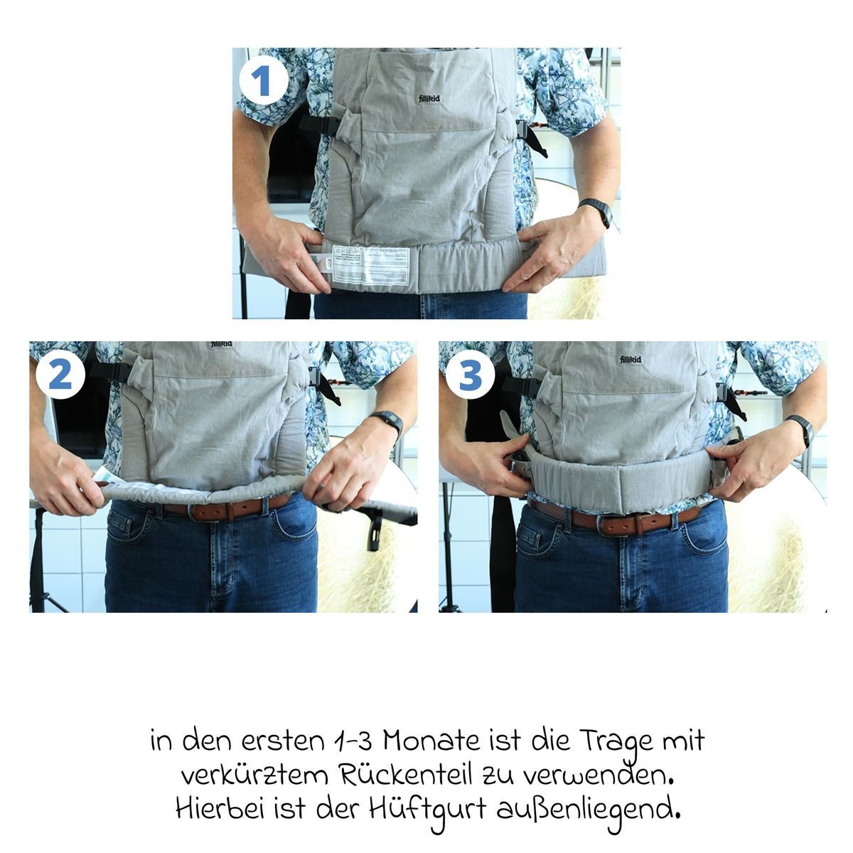 Fillikid Babytrage Natural - Grau, Kindertrage Bauchtrage Tragehilfe & Wetterschutz für Babys ab 3,5 kg
