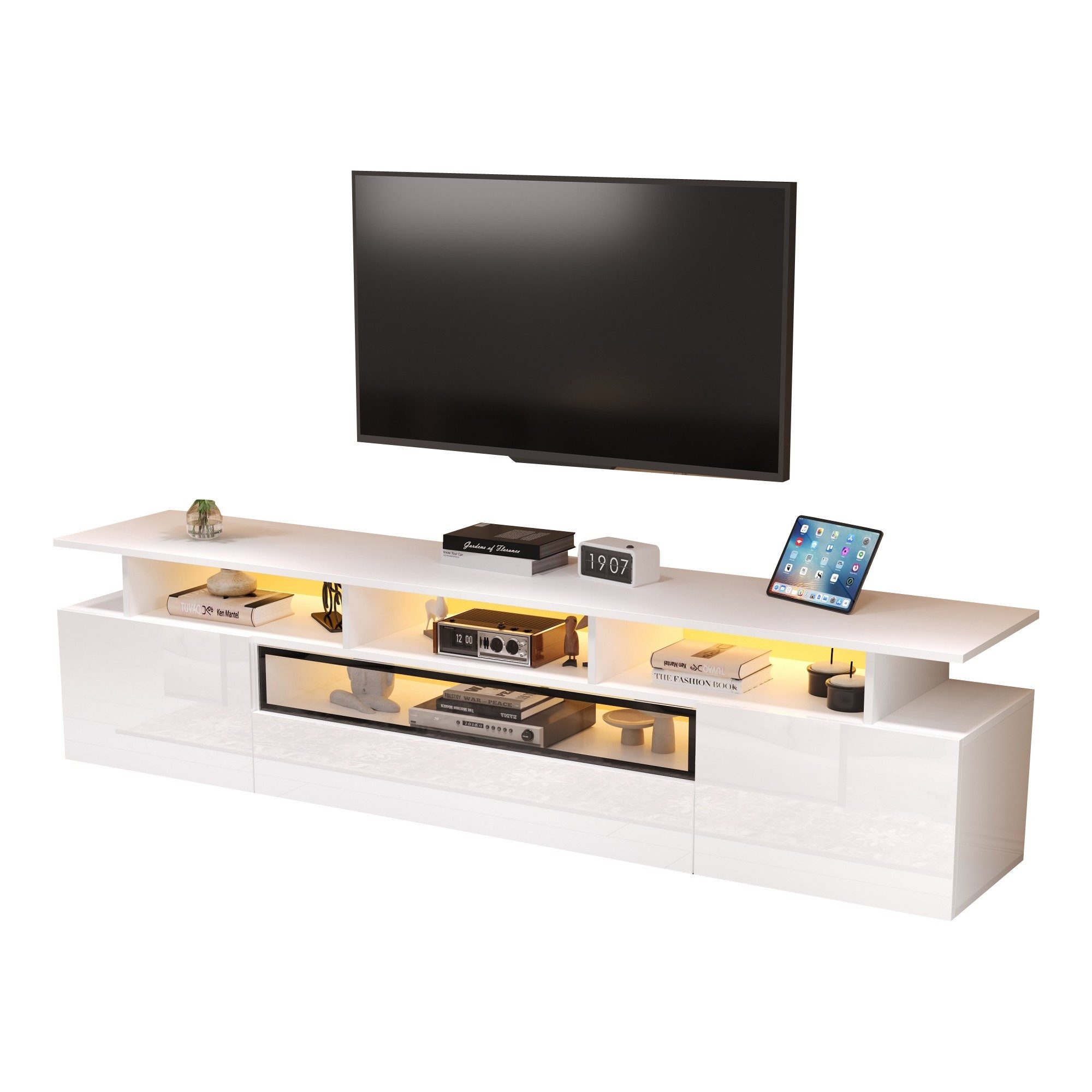 TV-Schrank TV-Lowboard 180 cm mit LED und Hochglanzfront, Weiß