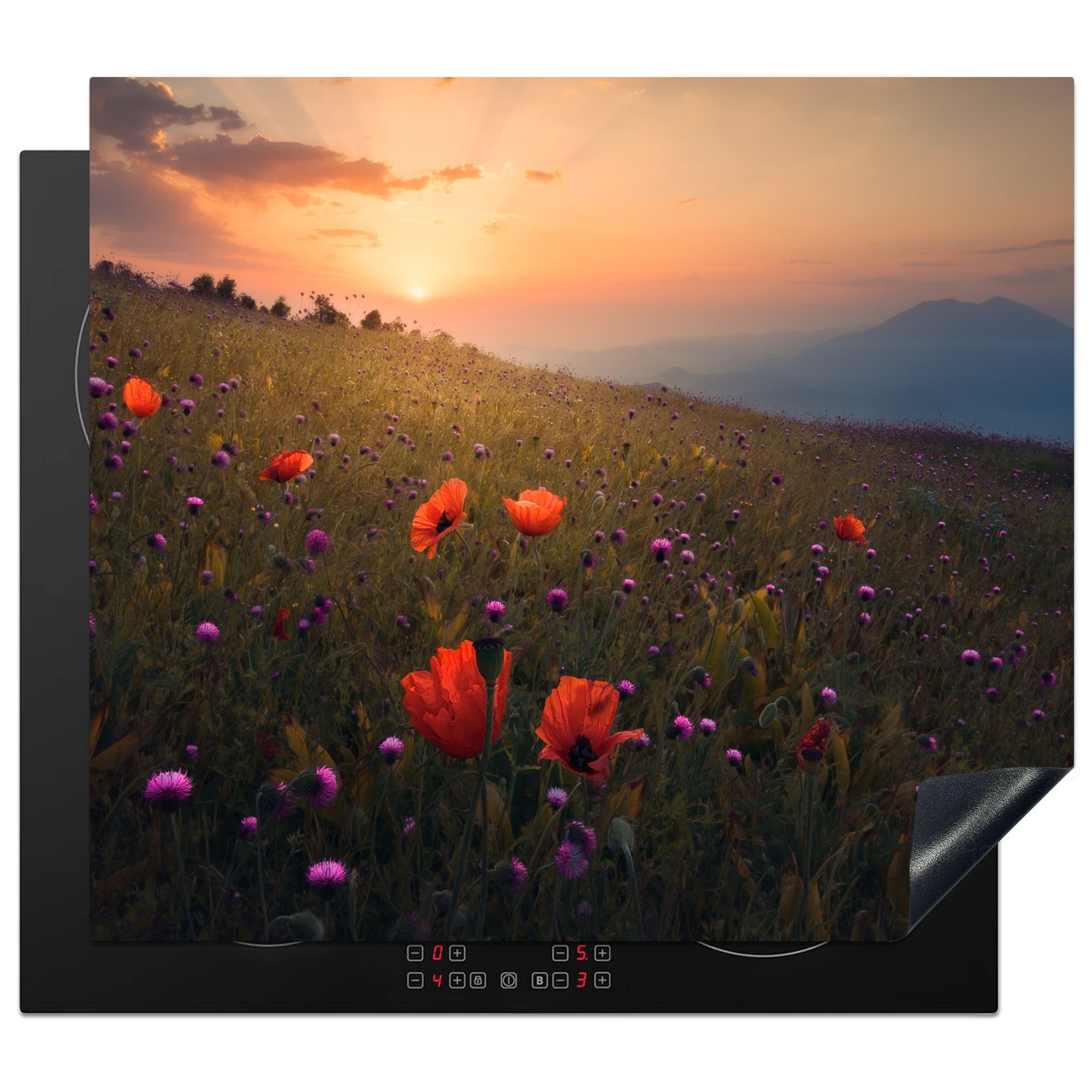 MuchoWow Herdblende-/Abdeckplatte Blumenfeld - Gras cm, - 57x51 tlg), Sonnenuntergang Ceranfeldabdeckung Induktionskochfeld, Vinyl, - Orange, (1 Pflanzen - Induktionsschutz