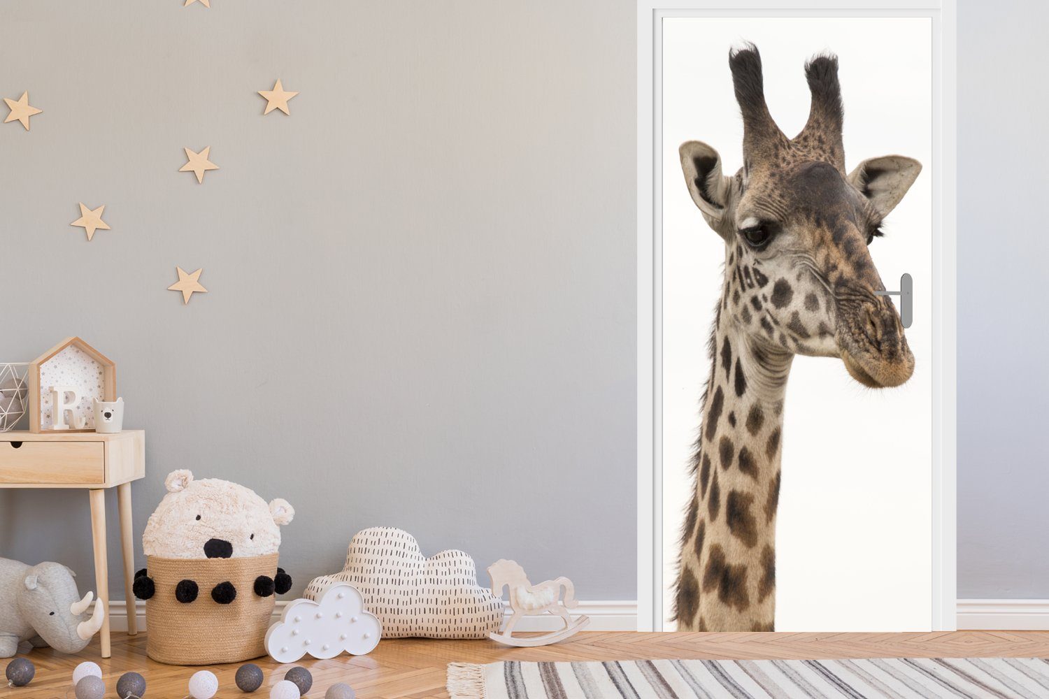 St), Türtapete cm Tür, Giraffe 75x205 Tier - bedruckt, Fototapete MuchoWow (1 für Türaufkleber, Weiß, Matt, -