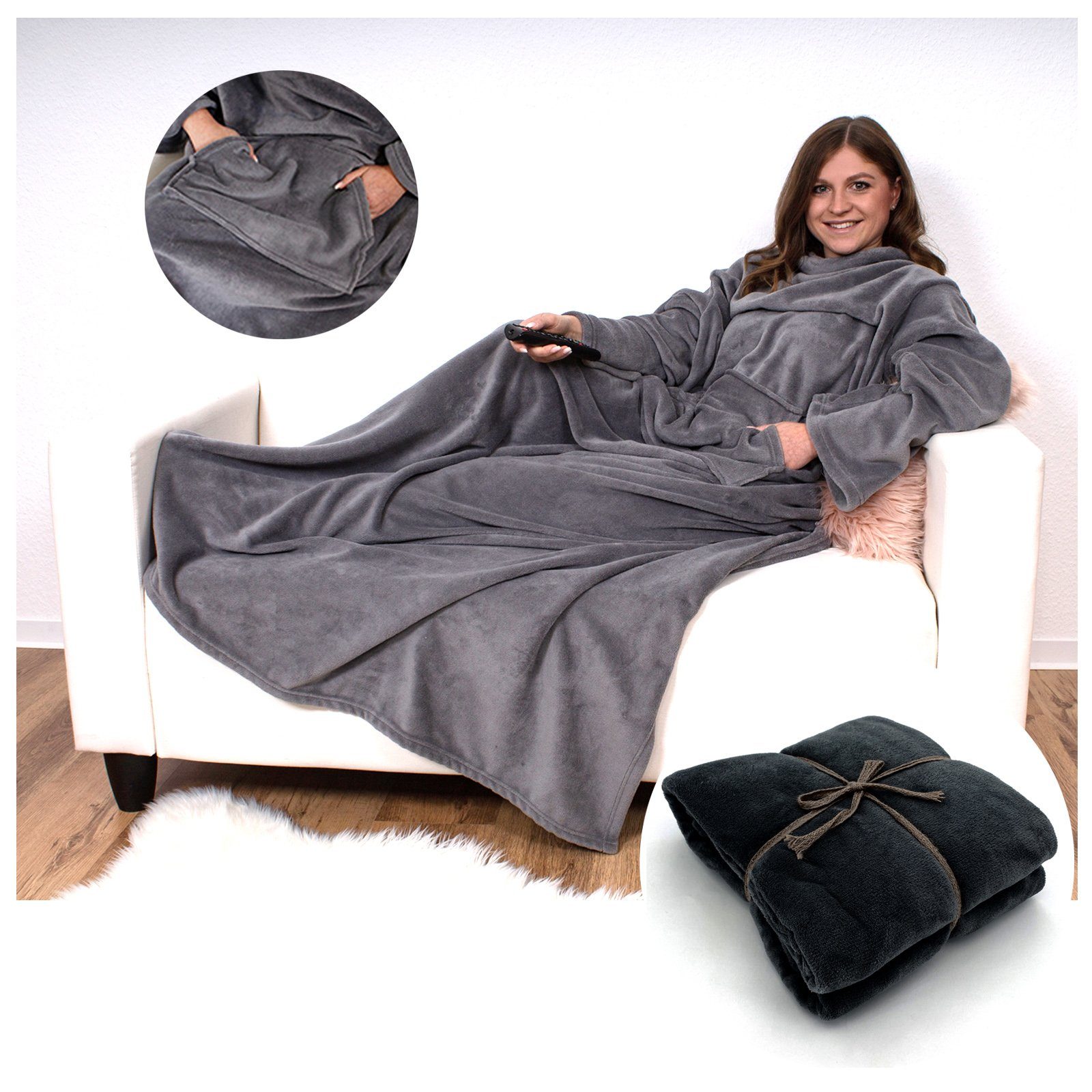 Wohndecke Kuschelig weich Ärmeldecke Ganzkörper Kuscheldecke, heimtexland, Sofadecke mit Ärmeln und Tasche I Cashmere Feeling TV-Decke – Bild 3 von 5