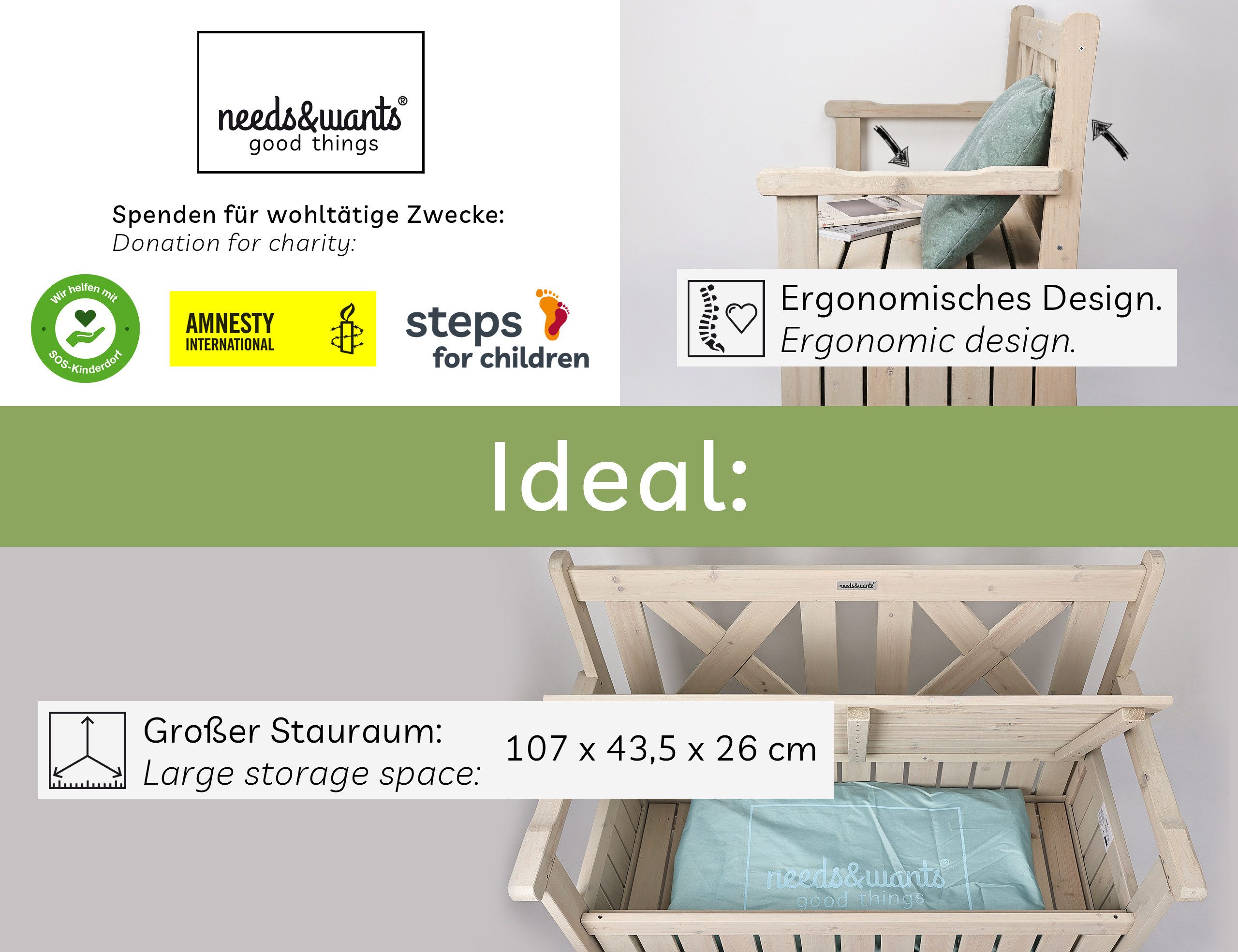 needs&wants® Gartenbank Holz wetterfest mit Stauraum, Truhenbank Holzbank Sitzbank Truhe braun, mit Textil Abdeckung 2-Sitzer Parkbank Garten Outdoor klassisch  – Bild 3 von 5