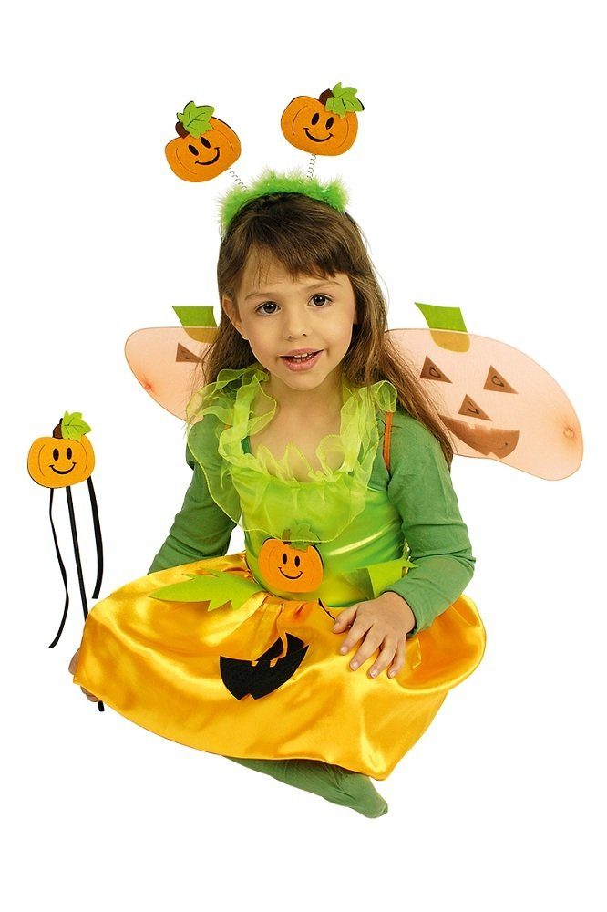 Das Kostümland Kostüm Kostüm Set Kürbis Mädchen 4-tlg. Kleid Flügel Stab  und Haarreif in Grün und Orange für Kinder zu Halloween oder Karneval