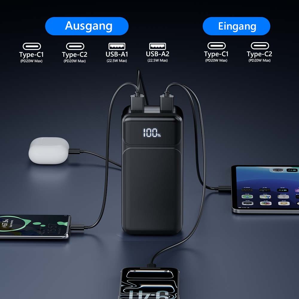 Pdgrid 50000mAh 22.5W Schnellladung Große Kapazität Tragbare Powerbank 23A 50000 mAh, 4 Anschlüsse, für iPhone, Samsung, iPad
