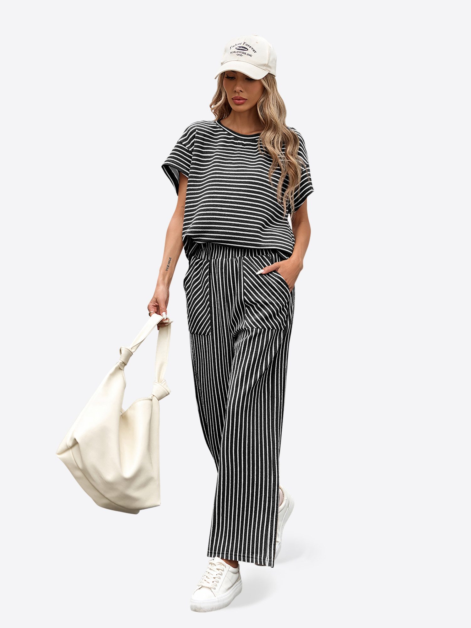 Imily Bela Hausanzug Damen 2-teiliges Set Gestreift Lounge Casual (Set, 2 tlg., 2er-Pack, Kurzarm T-Shirt+Hose mit Eingrifftaschen) Rundhals Fledermausärmel