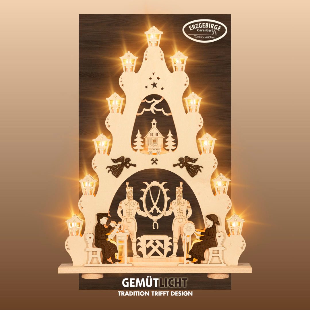 Weigla Schwibbogen Erzgebirge, große Lichterspitze, Bergmann NATUR-BRAUN, Made in Germany (1-tlg), Erzgebirge garantiert, Weihnachtsdeko Innen, Weihnachtsbeleuchtung