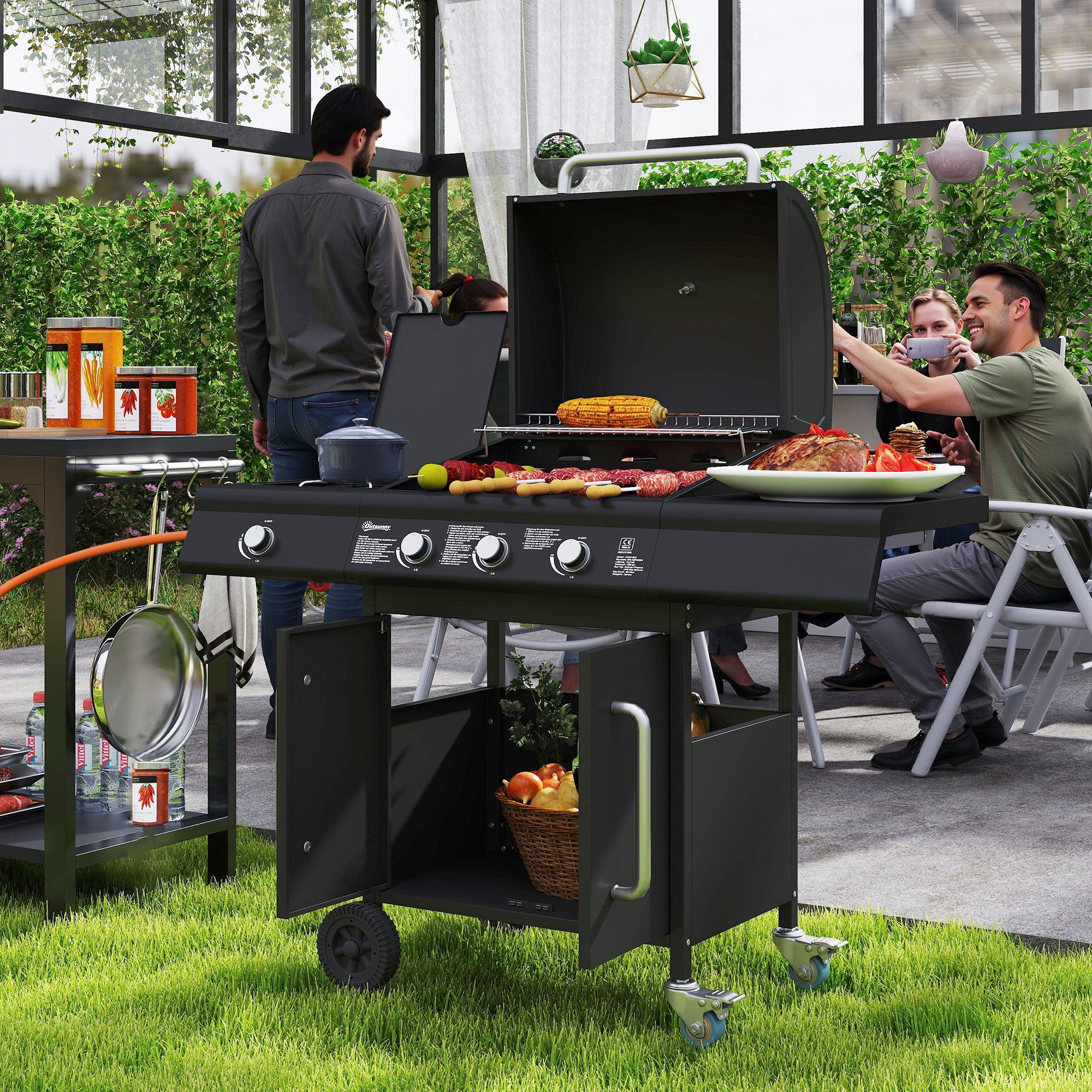 Outsunny Gasgrill BBQ inkl Rolle Seitenbrenner Thermometer Gas-Grill, 12,2 KW Gas-Grill, Grillwagen aus Edelstahl, für Balkon Camping 118,5 x 56 x 110 cm