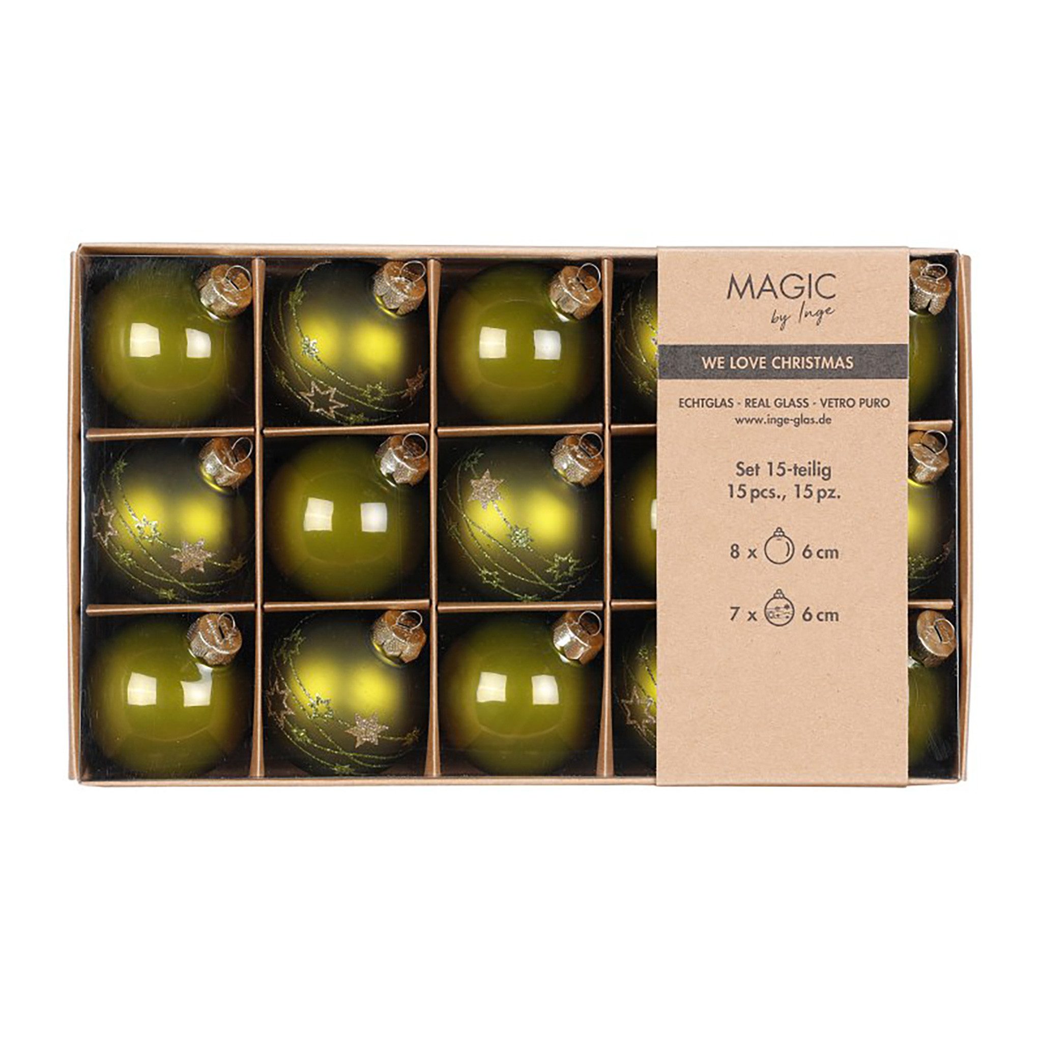 Holly & Jolly Weihnachtsbaumkugel, Weihnachtskugeln Glas 6cm Sterne Motiv 15 Stück - Green Olives