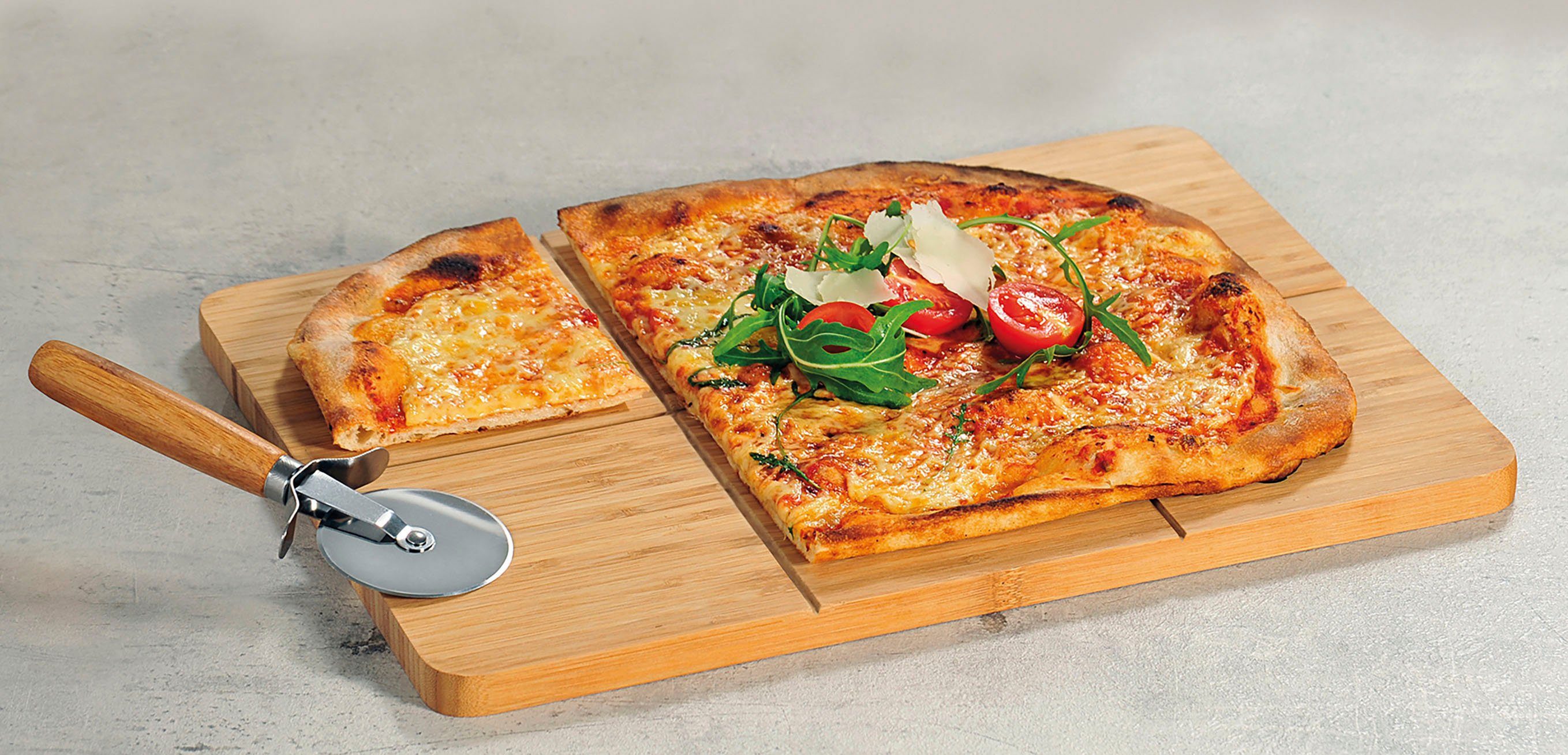 Holz, Bambus, Edelstahl, FSC-zertifiziertem aus Pizzaschneider & Schneidebrett, (Set, for home inkl. kitchen KESPER 2-St),