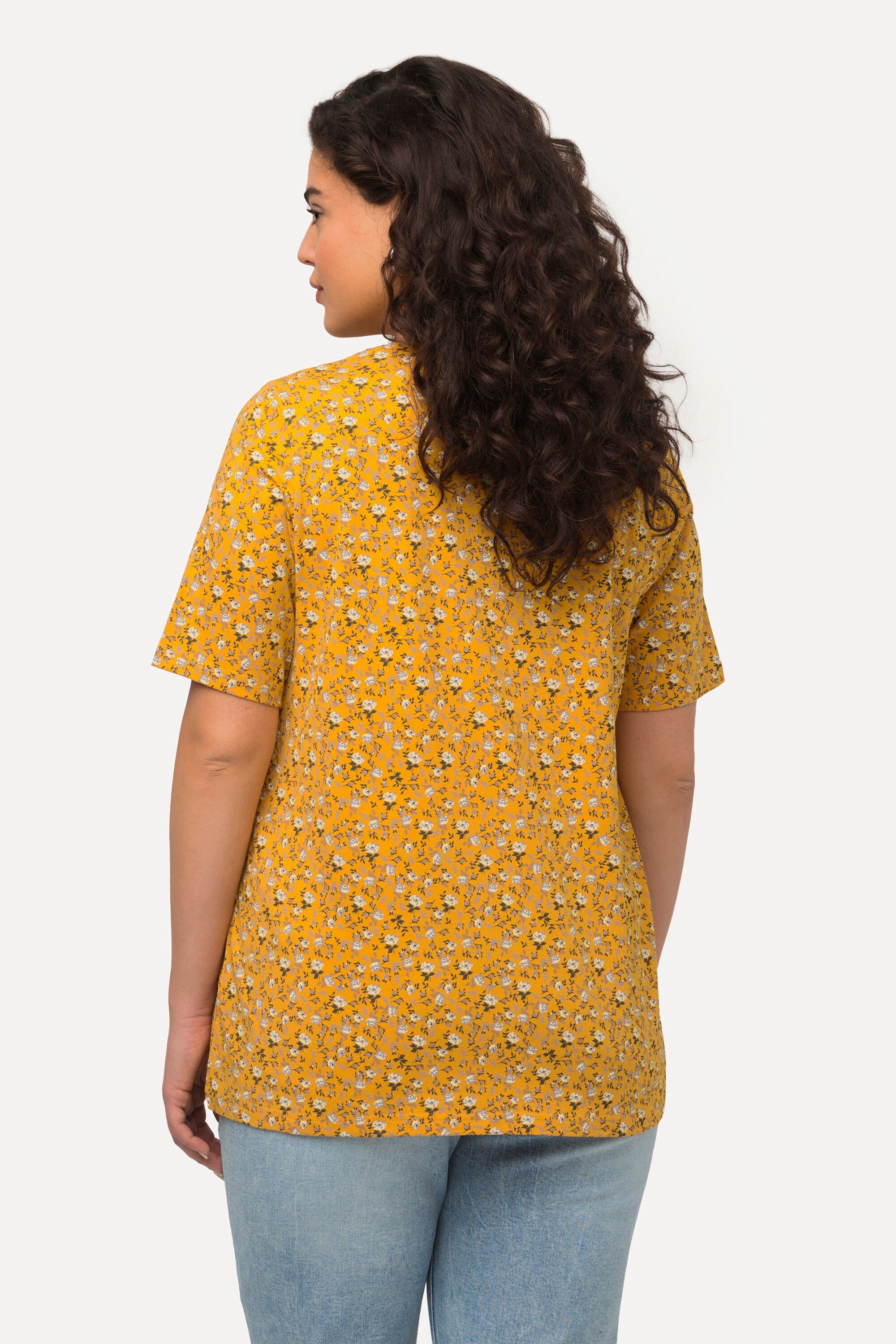 Ulla Popken Rundhalsshirt T-Shirt Blüten A-Linie V-Ausschnitt Halbarm orange-gelb