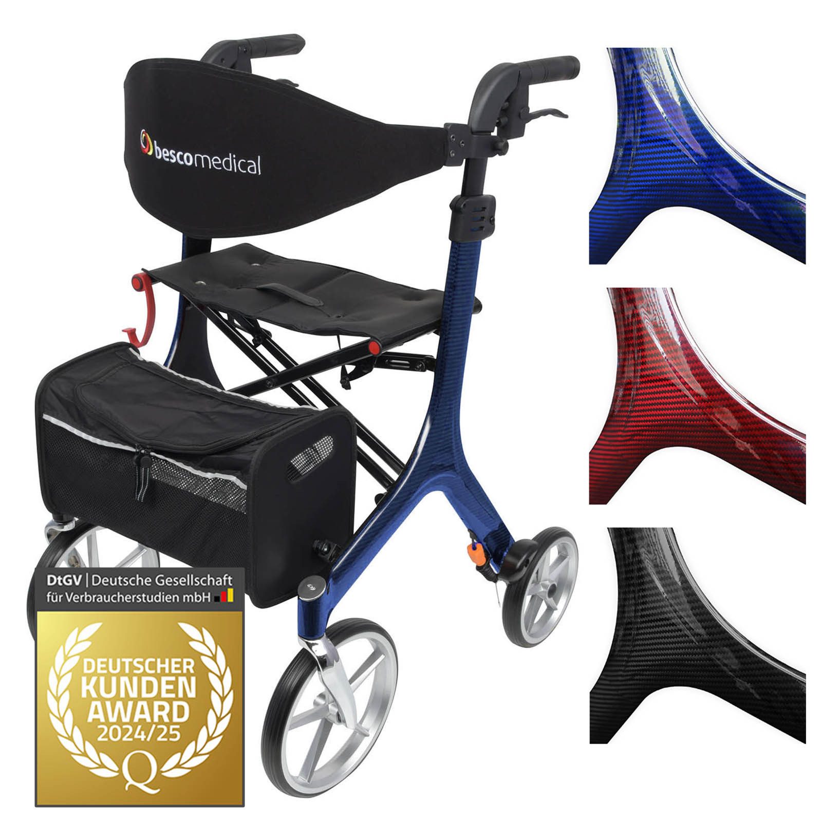 bescomedical Rollator CARBON - Premium Leichtgewichtrollator - faltbar & höhenverstellbar, ultra leichte Gehhilfe - mit Rückengurt, Netztasche und Stockhalter