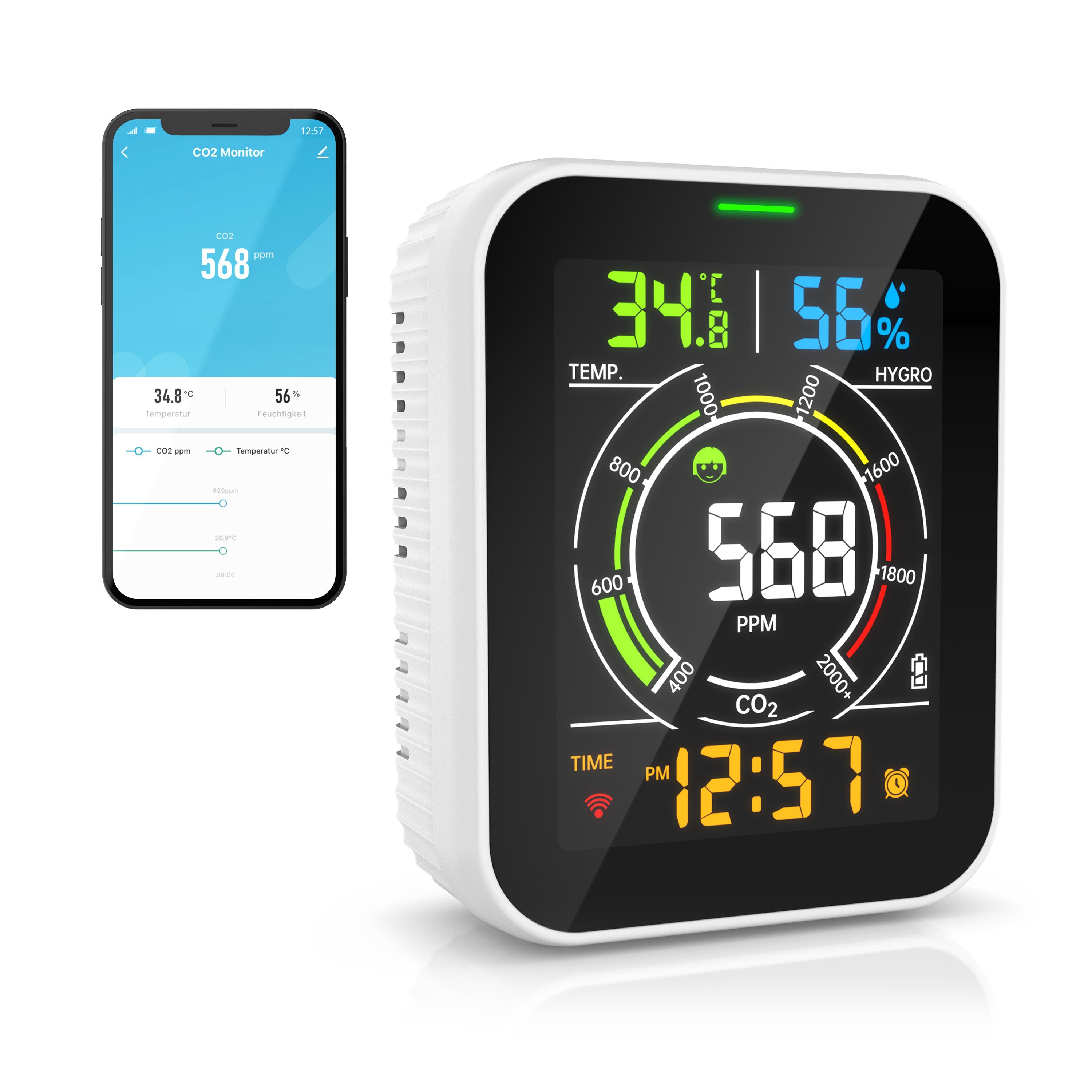 Brandson Raumluft-Qualitätssensor CO2-Messgerät, Luftqualitätsprüfer WLAN, App, Kohlenstoffdioxid Sensor, (1-St), Raumluft Lüftungsempfehlung, Temperatur/Luftfeuchtigkeit, Weckfunktion