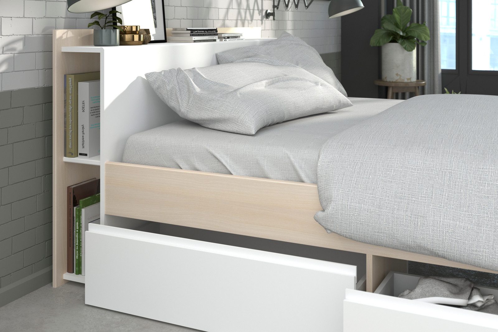 Parisot Stauraumbett Toms (in Akazie und weiß, 140 x 200 cm), mit Regal und 3x Bettschubkasten
