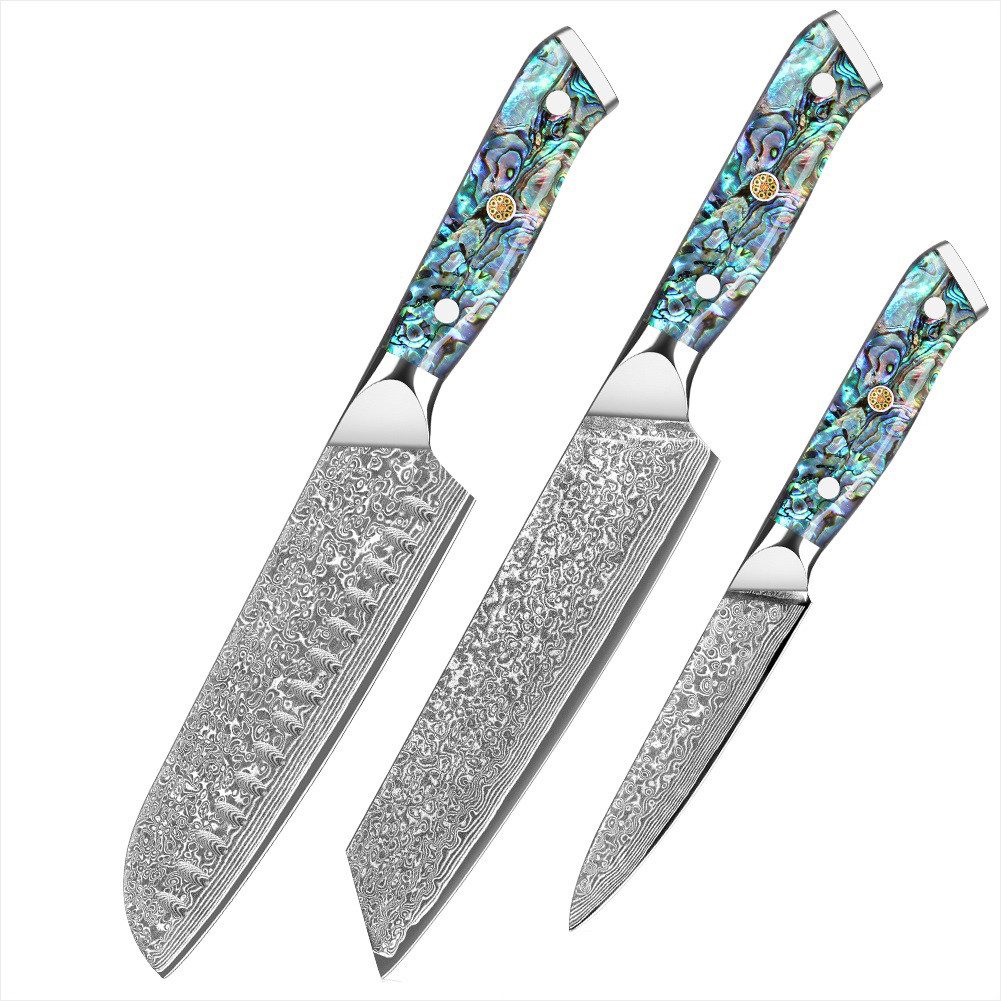 KingLux Messer-Set 3er Damast Küchenmesser-Set mit 12.5-19cm Klinge VG10 Damaststahl (3-tlg)