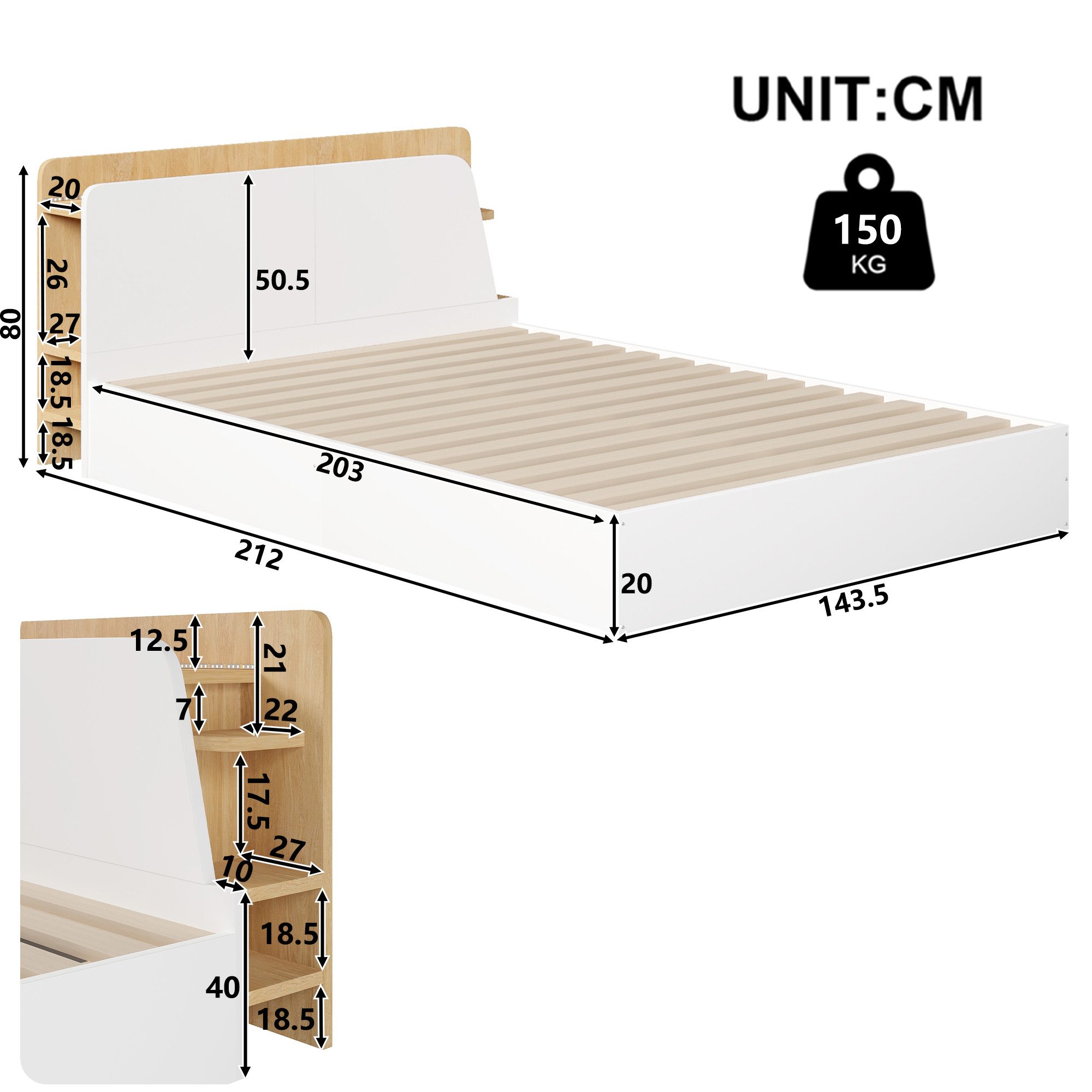 Ulife Bett Paneelbett, 140x200cm, Hydraulische, Mit USB Typ-C Ladefunktion (3-tlg), LED-Beleuchtung, Drucktaste/Appdienung, Multifunktionale Aufbewahrung