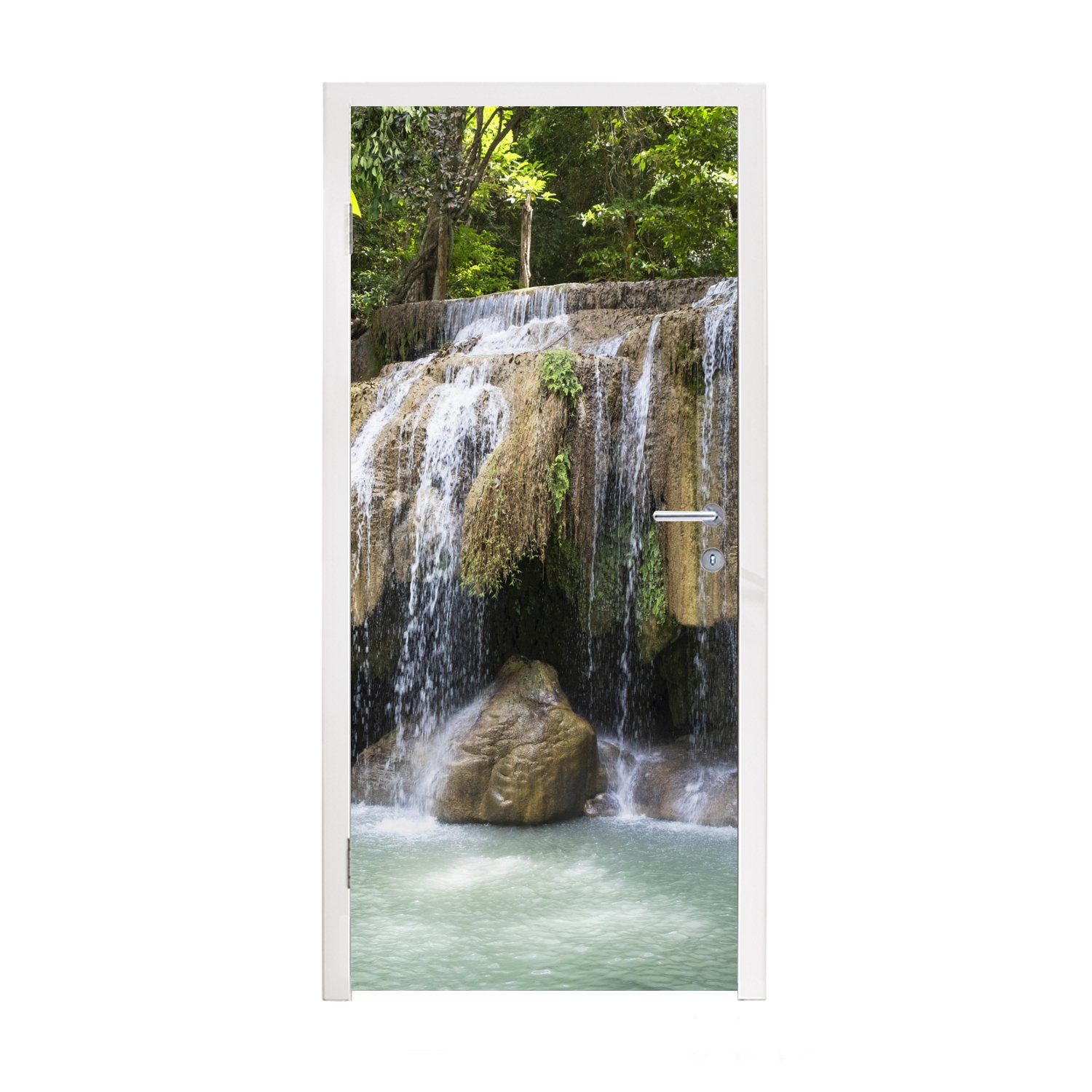 MuchoWow Türtapete Wasserfall im bedruckt, St), Thailand, über Matt, Erawan-Nationalpark Türaufkleber, (1 in für Felsen cm 75x205 Fototapete Tür