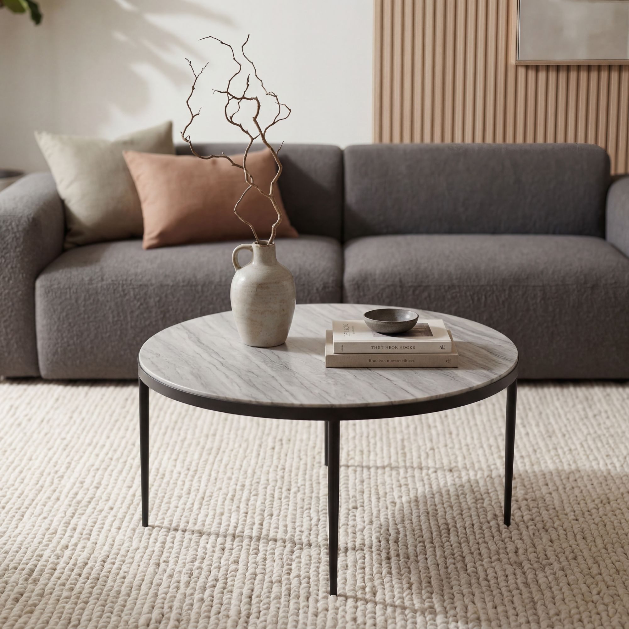 FINEBUY Couchtisch FB116625 Sofatisch Marmor Wohnzimmertisch 70cm rund Tisch Handmade (Edle weiß-graue Marmorplatte mit feiner Maserung), Filigranes Gestell aus schwarzem Eisen