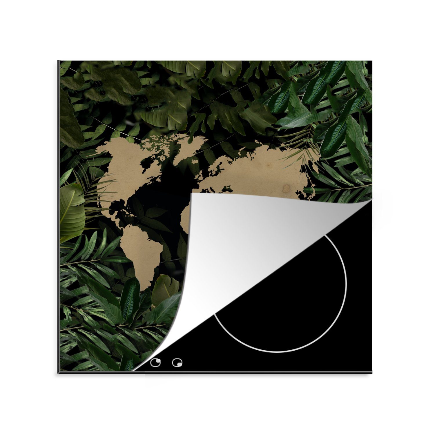 MuchoWow Herdblende-/Abdeckplatte Weltkarte - Pflanzen küche für Blätter, Ceranfeldabdeckung, 78x78 (1 - cm, tlg), Arbeitsplatte Vinyl