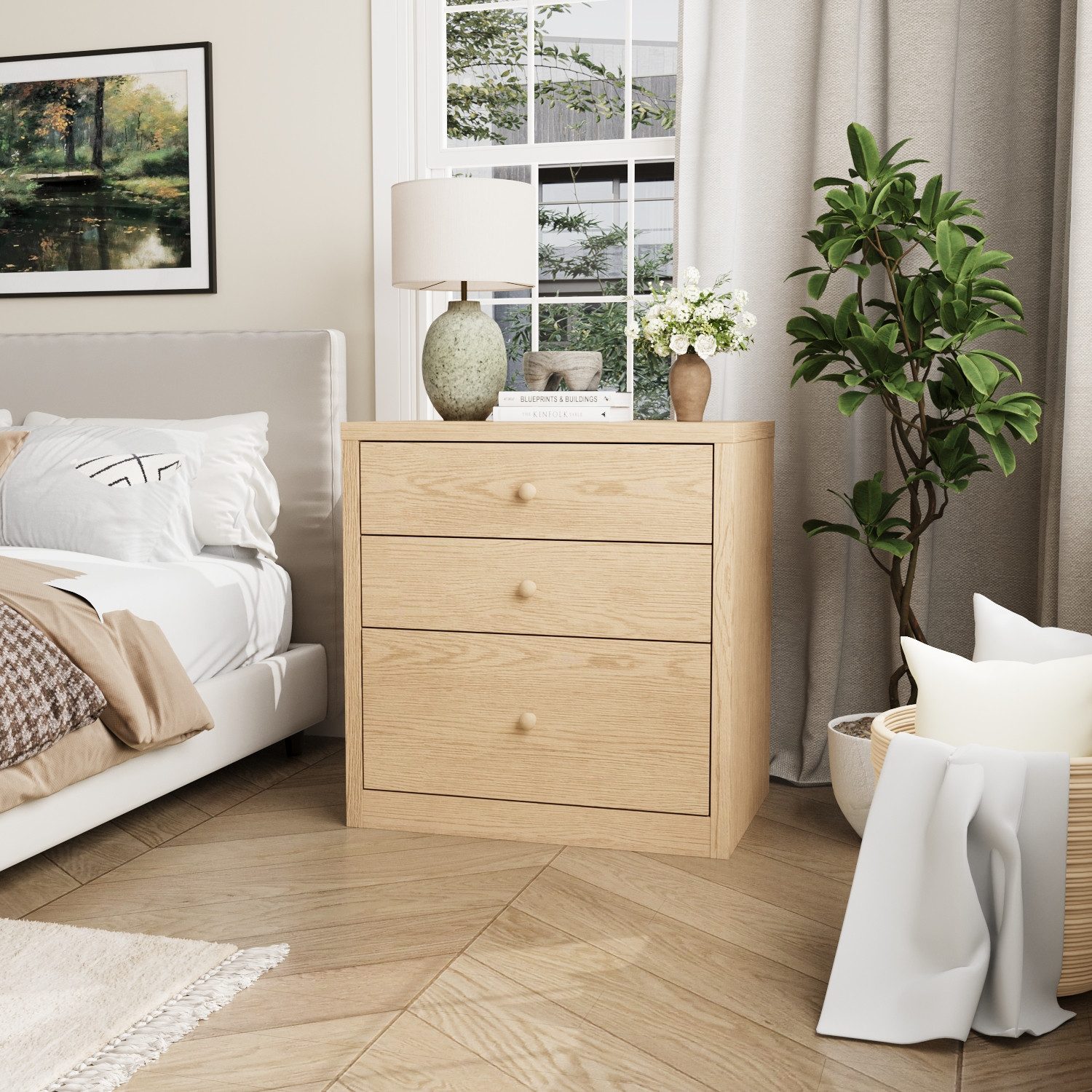 FUFU&GAGA Nachttisch Nachttisch mit 3 Schubladen und Geheimfach, Beige, MDF günstig online kaufen