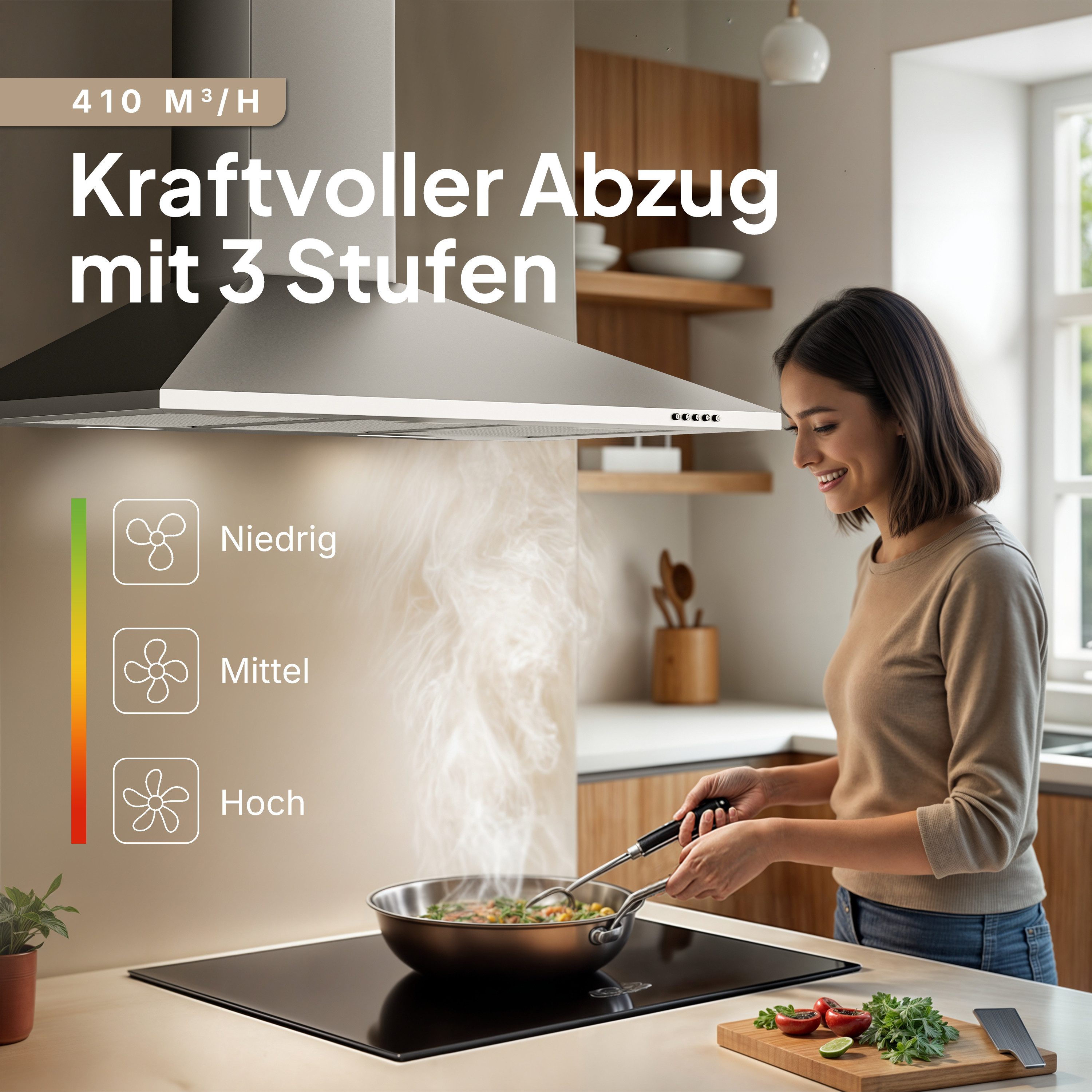 Levivo Wandhaube A+++ 410 m³/h Dunstabzugshaube 60cm und 90cm Umluft & Abluft A+++ 410 m³/h Dunstabzugshaube 60cm und 90cm Umluft & Abluft, Aktivkohlefiltern, Fettfiltern, LED-Beleuchtung