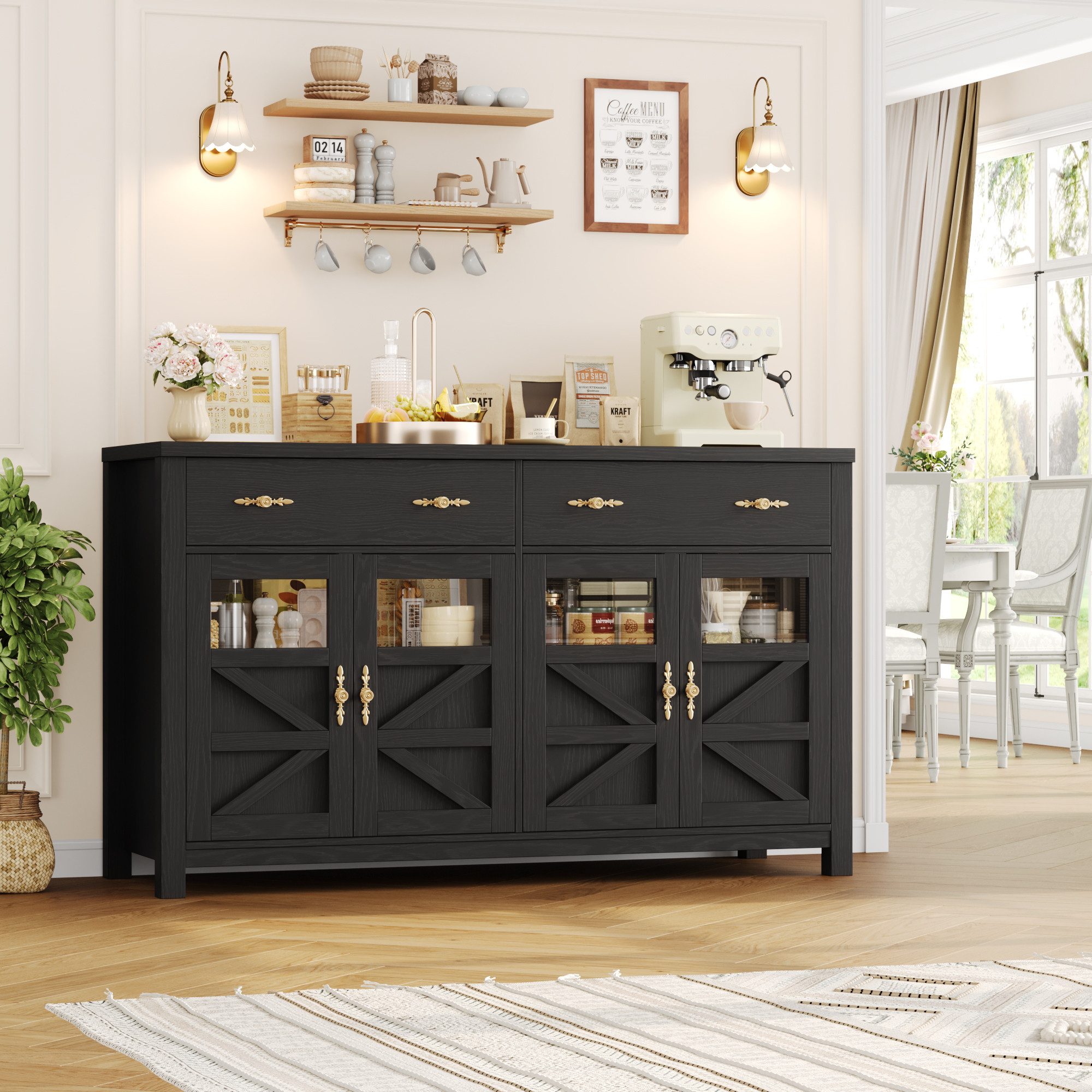 Homfa Sideboard Küchenschrank Buffetschrank Küchenbuffet, mit 2 Schubladen 4 Glastüren für Wohnzimmer Küche 140x40x90 cm schwarz