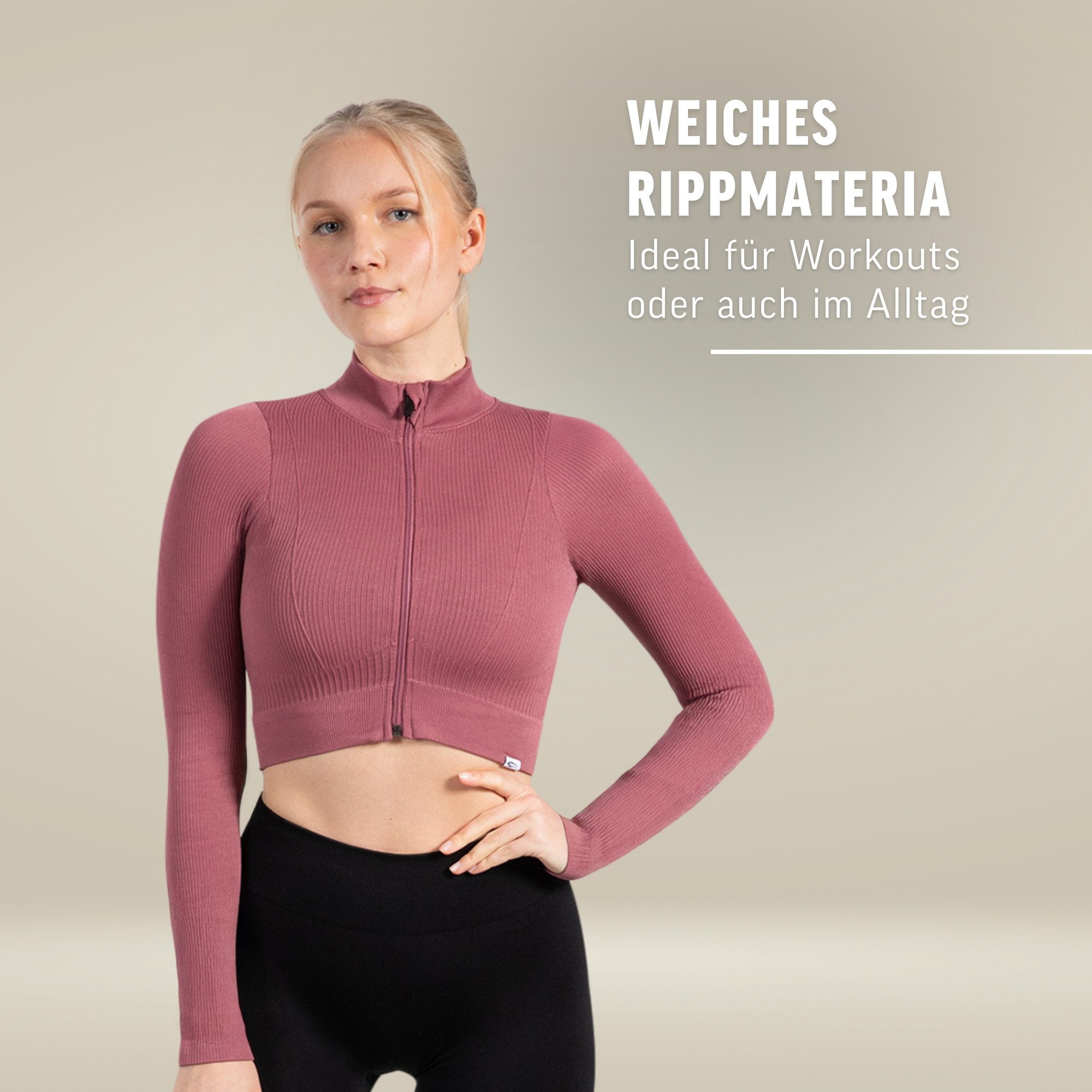 Smilodox Trainingsjacke Zeya, Size Up empfohlen, Crop Sportjacke Slim Fit, hoher Kragen Figurbetonte Laufjacke, Zip-Jacke Rippstruktur & Stretch, Workout Yoga
