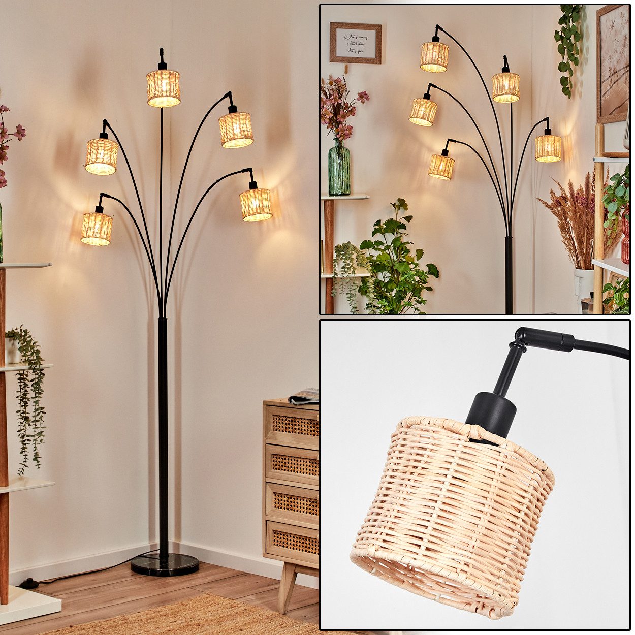 hofstein Stehlampe Stehlampe aus Metall/Rattan in Schwarz/Naturfarben, ohne Leuchtmittel, moderne Stehleuchte verstellbar mit Marmorfuß und Fußschalter, E14