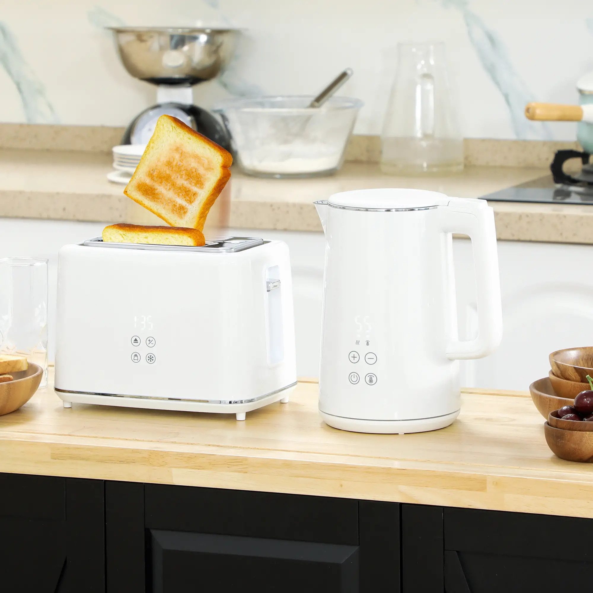 BlingBin Frühstücks-Set Küchenset mit Wasserkocher und Toaster,1,5 L,2-Scheiben Toaster (2-tlg), 7 Bräunungsstufen, schnelles Kochen, Auftauen und Erwärmen