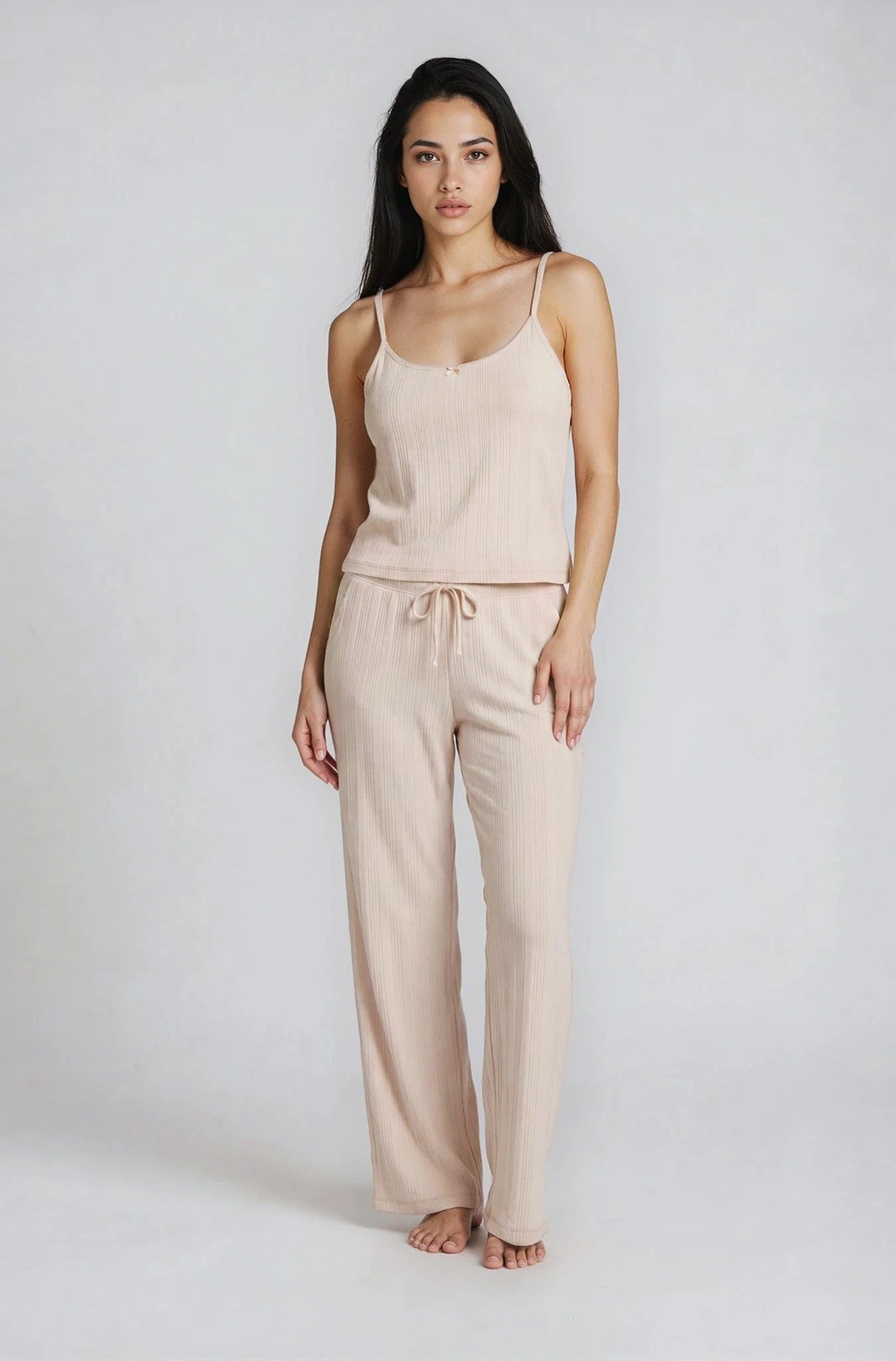 Pyjama Damen Camisole-Schlafanzug aus Pointelle-Strick in Naturweiß