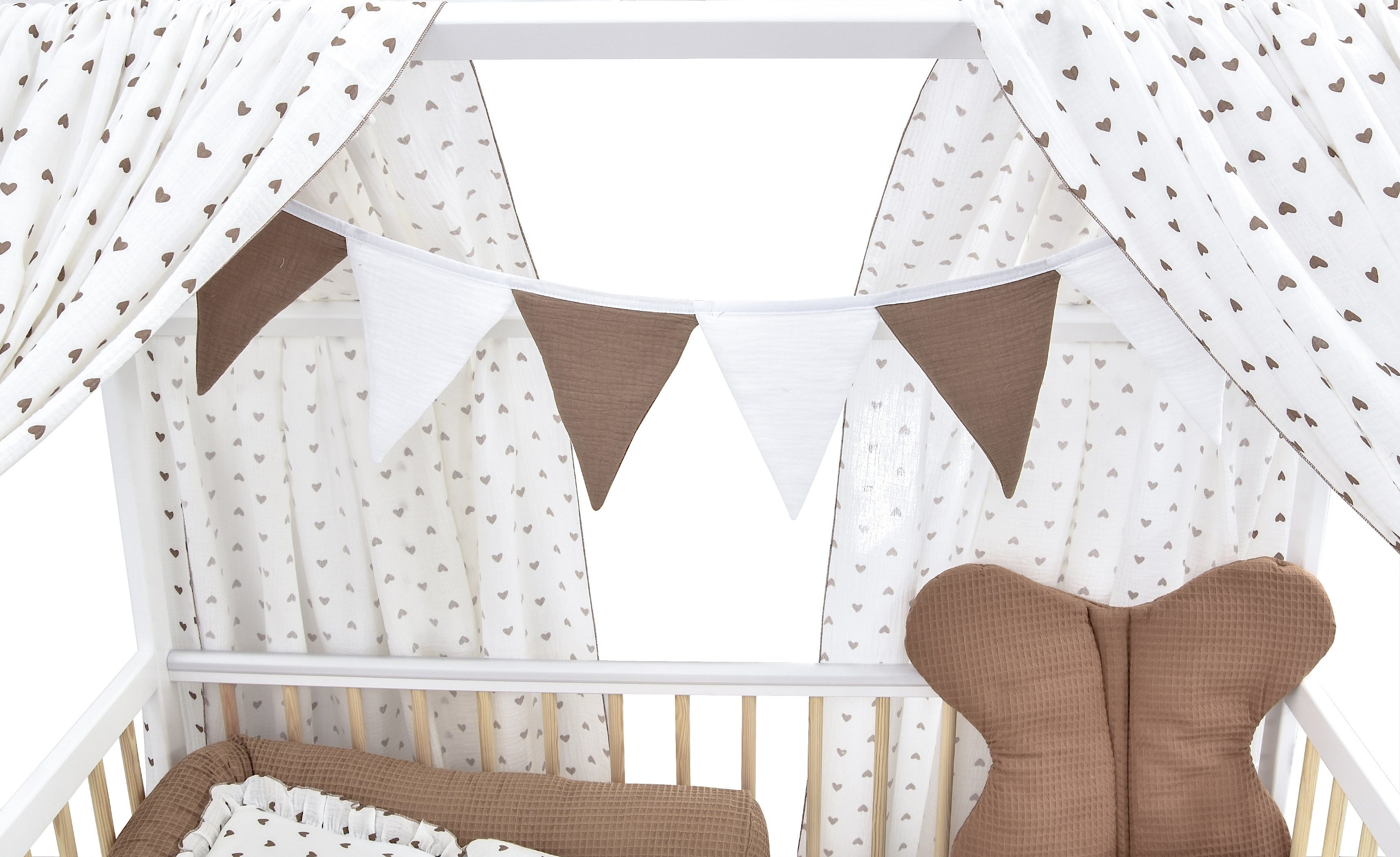 Baby-Delux Komplettbett Hausbett Babybett Komplettset Waffelpique Musselin, 12-tlg., Kinderbett 60x120 cm weiß Natur, Bettset verschiedene Designs