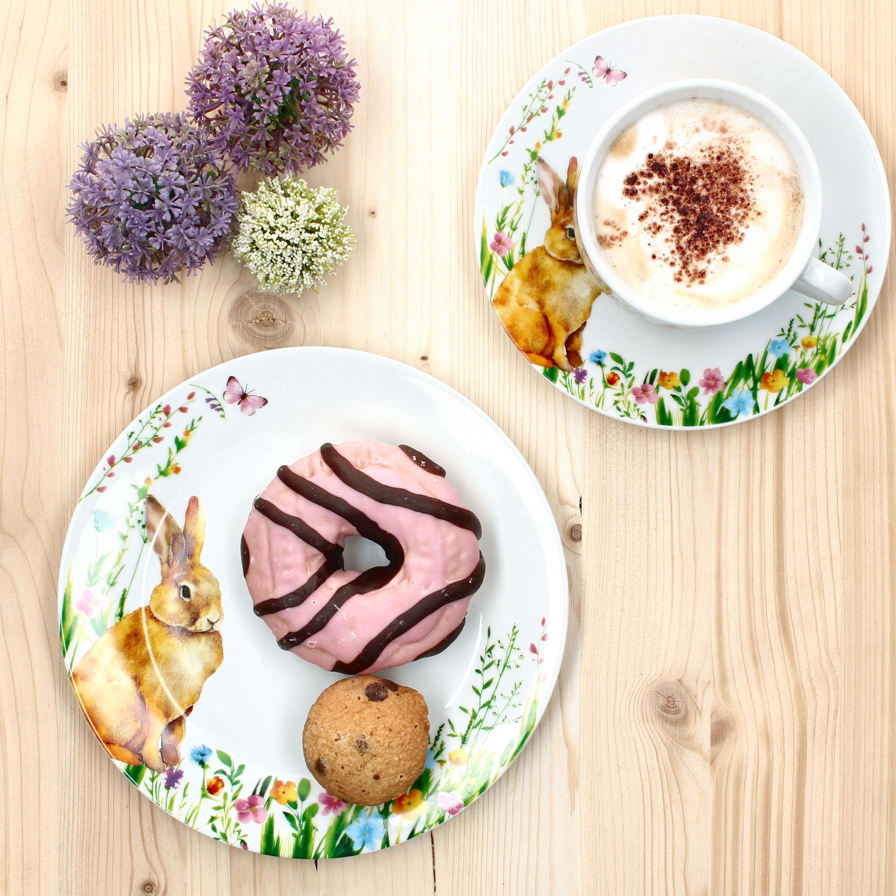 MamboCat Kaffeeservice 18tlg Kaffeeservice Osterfreude Porzellan 6 Personen Hase, Porzellan