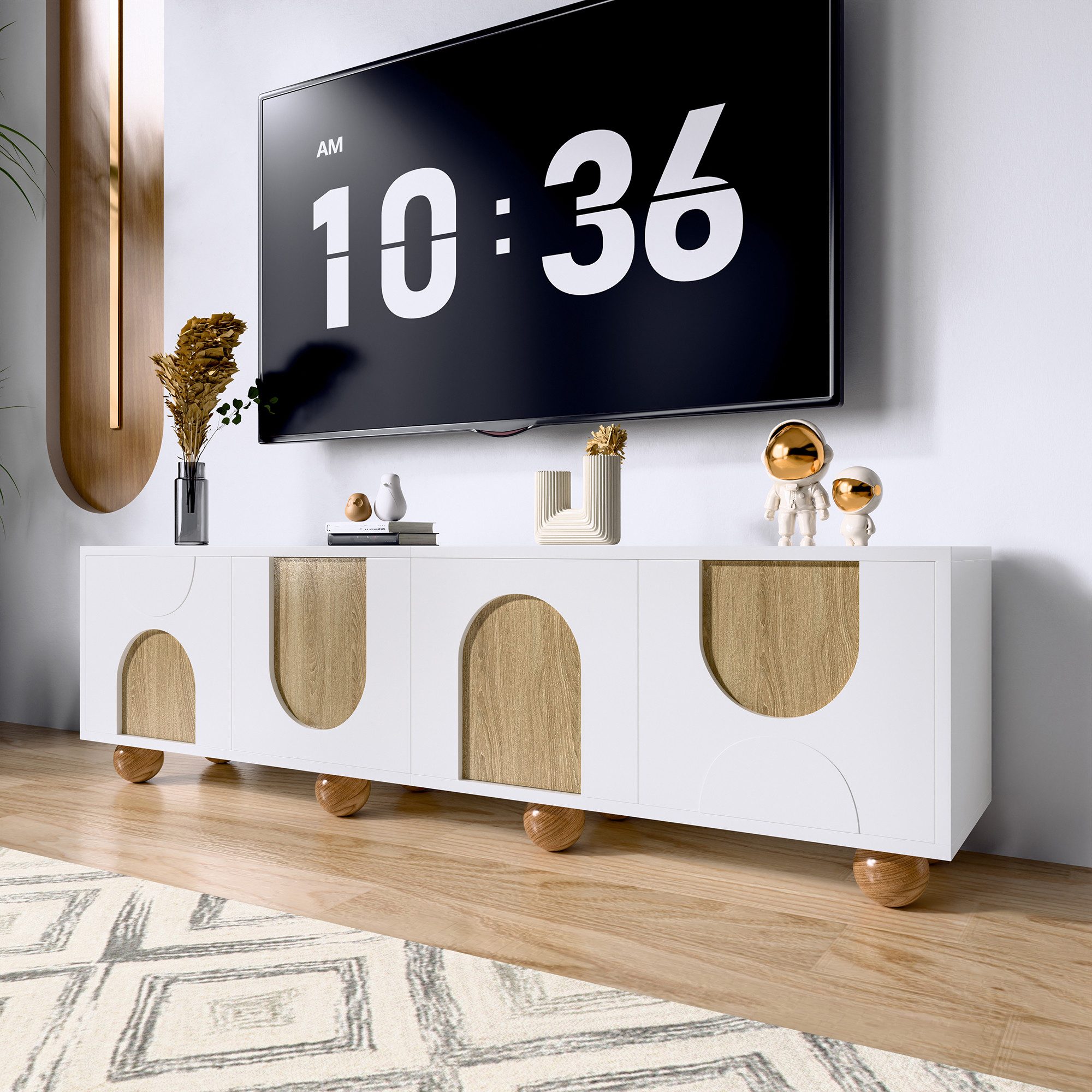 Merax Lowboard mit 4 Türen, Holzfüßen & großzügigem Stauraum (Aufbewahrungsschrank, 175 L x 38 B x 50 H cm, 1 St), TV-Schrank Fernsehschrank in Naturholzoptik & Weiß