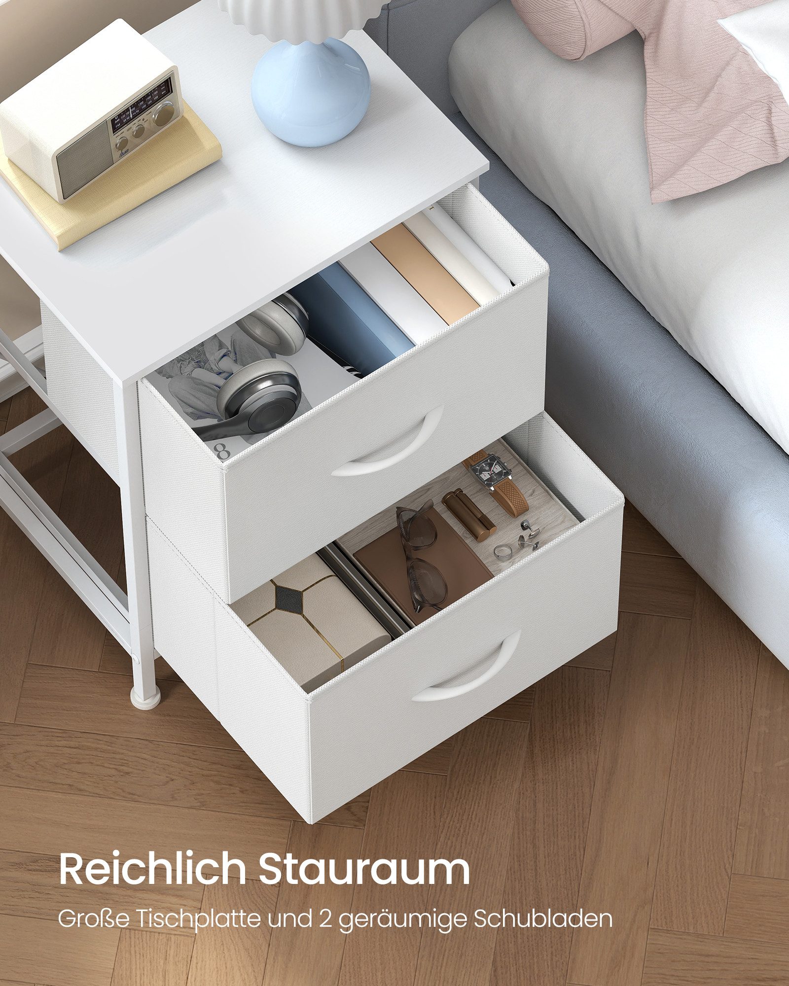 SONGMICS Nachttisch, Kommode, Schrank, 2 Stoffschubladen, Aufbewahrungsschrank, Stahl