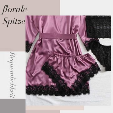 Daisred Pyjama 4 Teiliges Schlafanzüge Sexy Spitze Lace Set für Damen