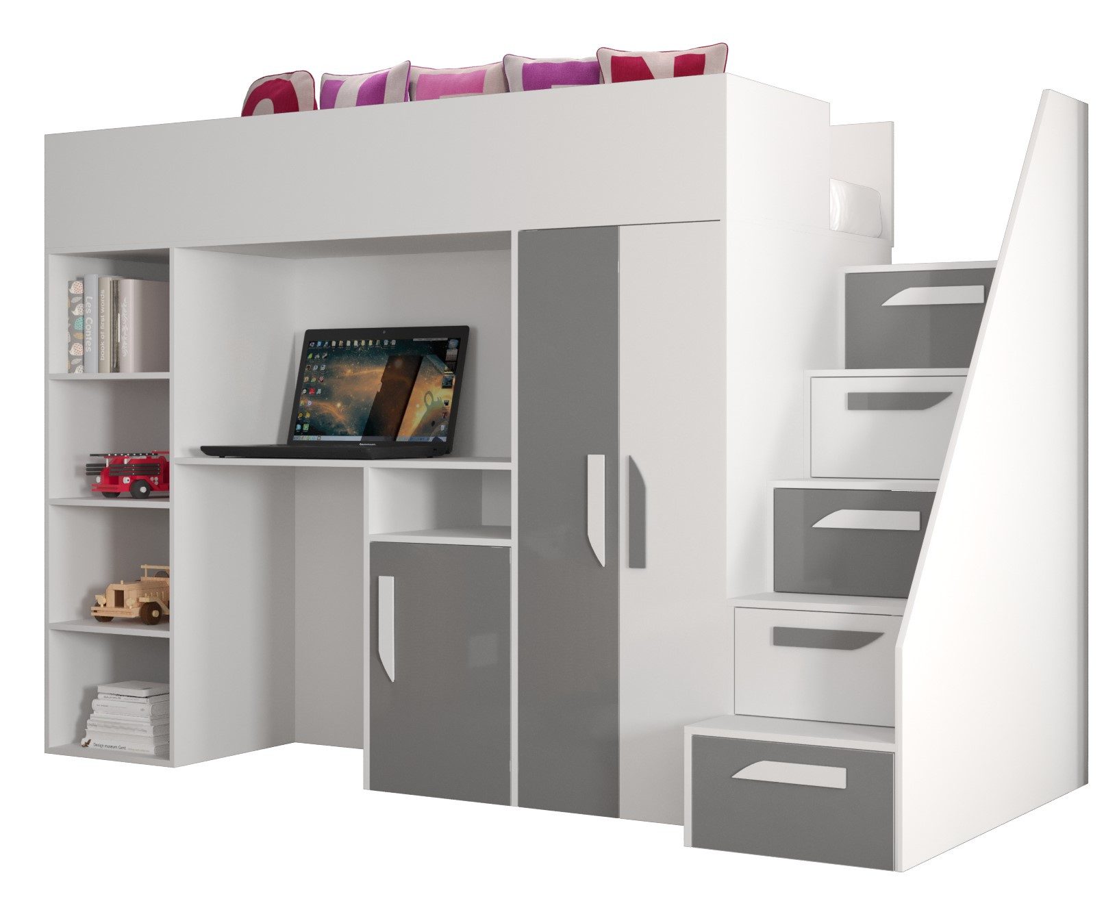 ABIKS MÖBEL Hochbett PARTY 14 Etagenbett für Jugendliche mit Schreibtisch, Kleiderschrank