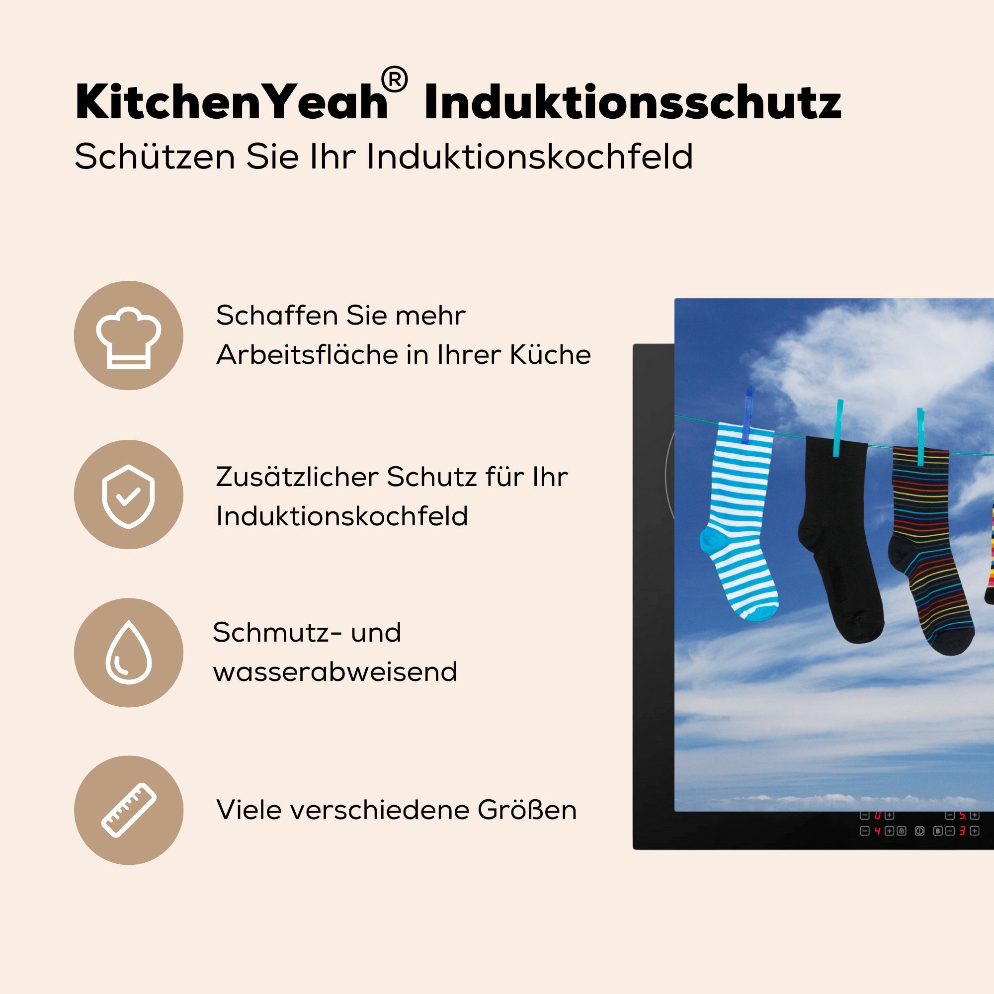 MuchoWow Herdblende-/Abdeckplatte Bunte Socken auf Induktionskochfeld küche, 81x52 Vinyl, Wäscheleine, cm, Schutz einer (1 Ceranfeldabdeckung tlg), die für