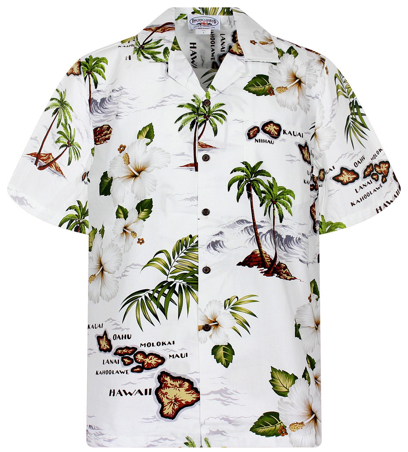 Pacific Legend Hawaiihemd "Island" Herren Kurzarm Baumwolle Kokosknöpfe Original Hawaii