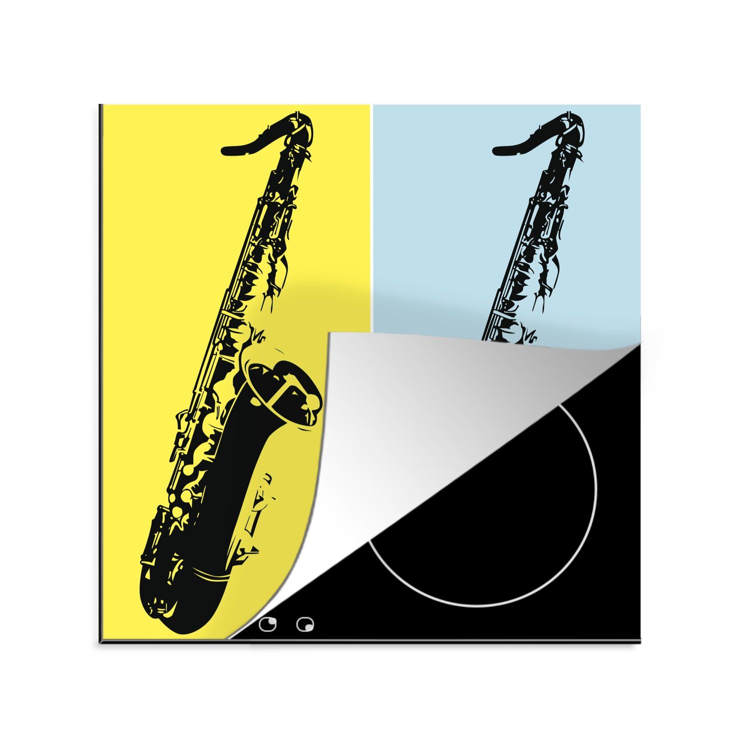 MuchoWow Herdblende-/Abdeckplatte Illustration von zwei Saxophonen auf einem farbigen Hintergrund, Vinyl, (1 tlg), 78x78 cm, Ceranfeldabdeckung, Arbeitsplatte für küche