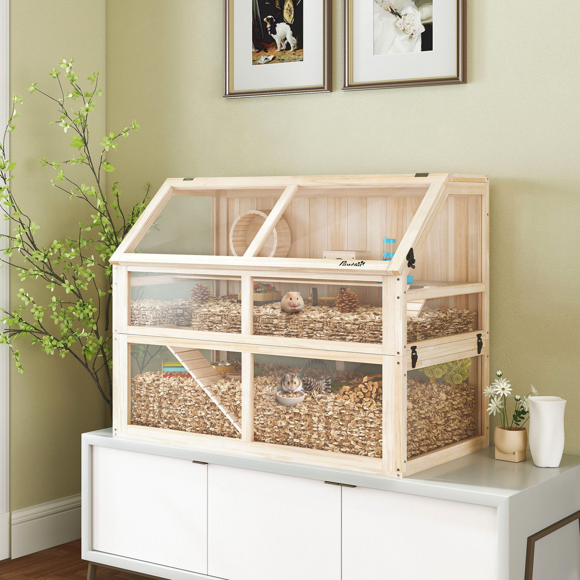 PawHut Kleintierkäfig Hamsterkäfig aus Holz 3 Etagen mit Wippe Laufrad Hütte, für Zwerghamster 95 x 53 x 76 cm Naturholz
