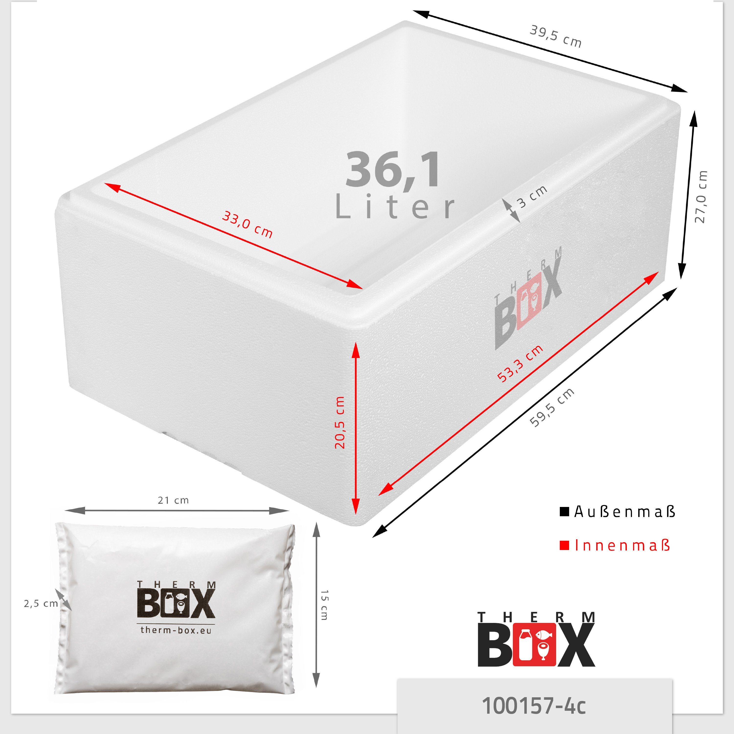 Kühlkissen), mit Innen: Thermobehälter Styroporbox THERM-BOX 53x33x20cm (0-tlg., 4 Kühlkissen, mit Kühlbox Thermbox 36W Kühlakku Styropor-Verdichtet, Transportbox Thermbehälter 36,74L