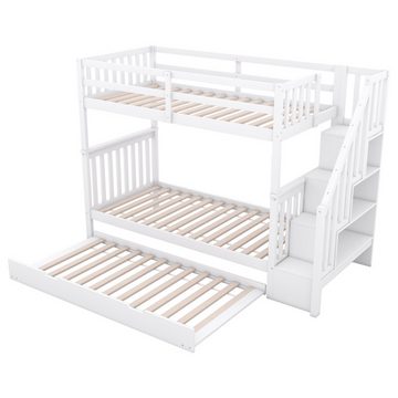 Ulife Etagenbett Kinderbett Jugendbett mit Treppenregal, hohe Geländer, ausgestattet mit ausziehbares Rollbett, 90x200cm/90x190cm